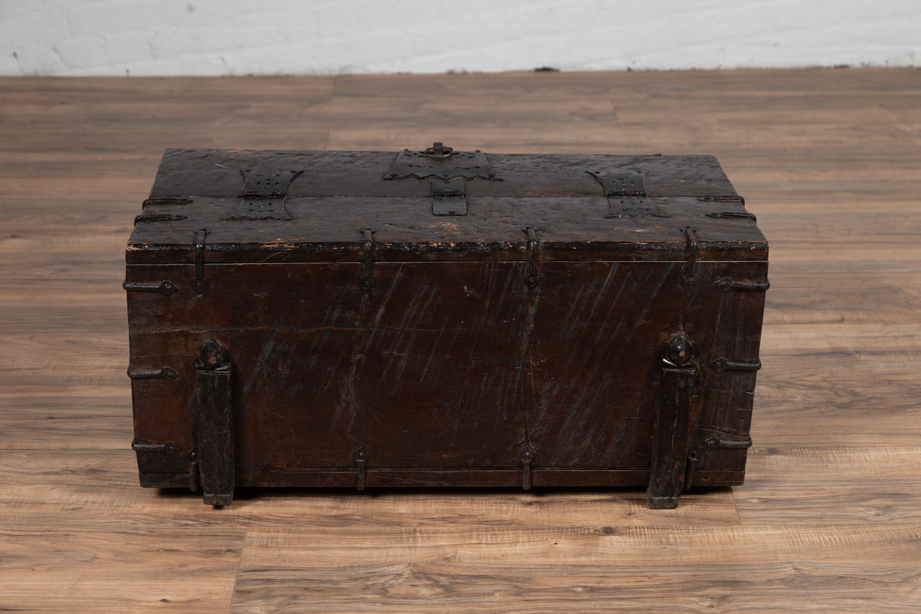 Small Antique Rustic Korean Wooden Trunk with Metal Hardware and Brown Patina 10