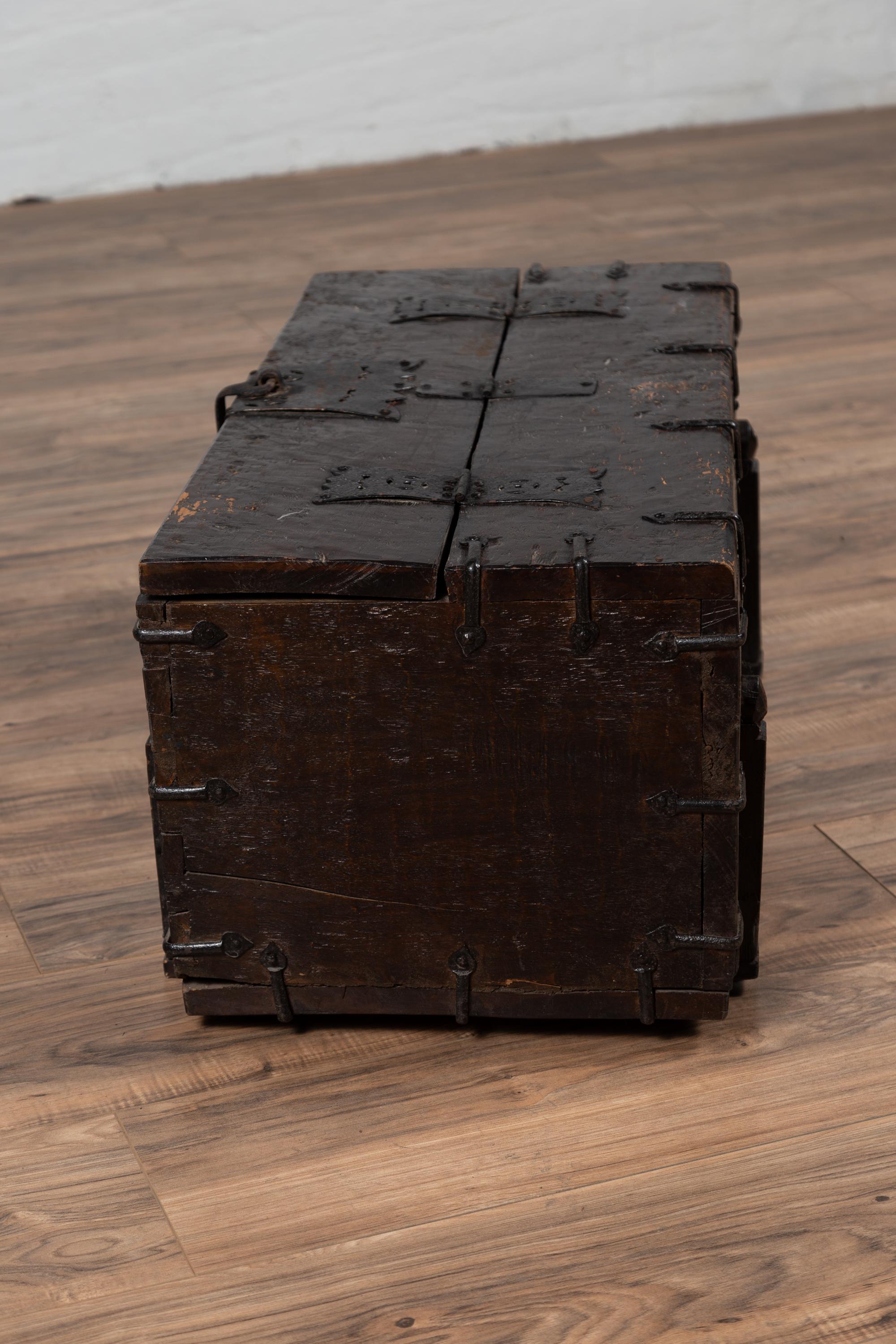 Small Antique Rustic Korean Wooden Trunk with Metal Hardware and Brown Patina 11