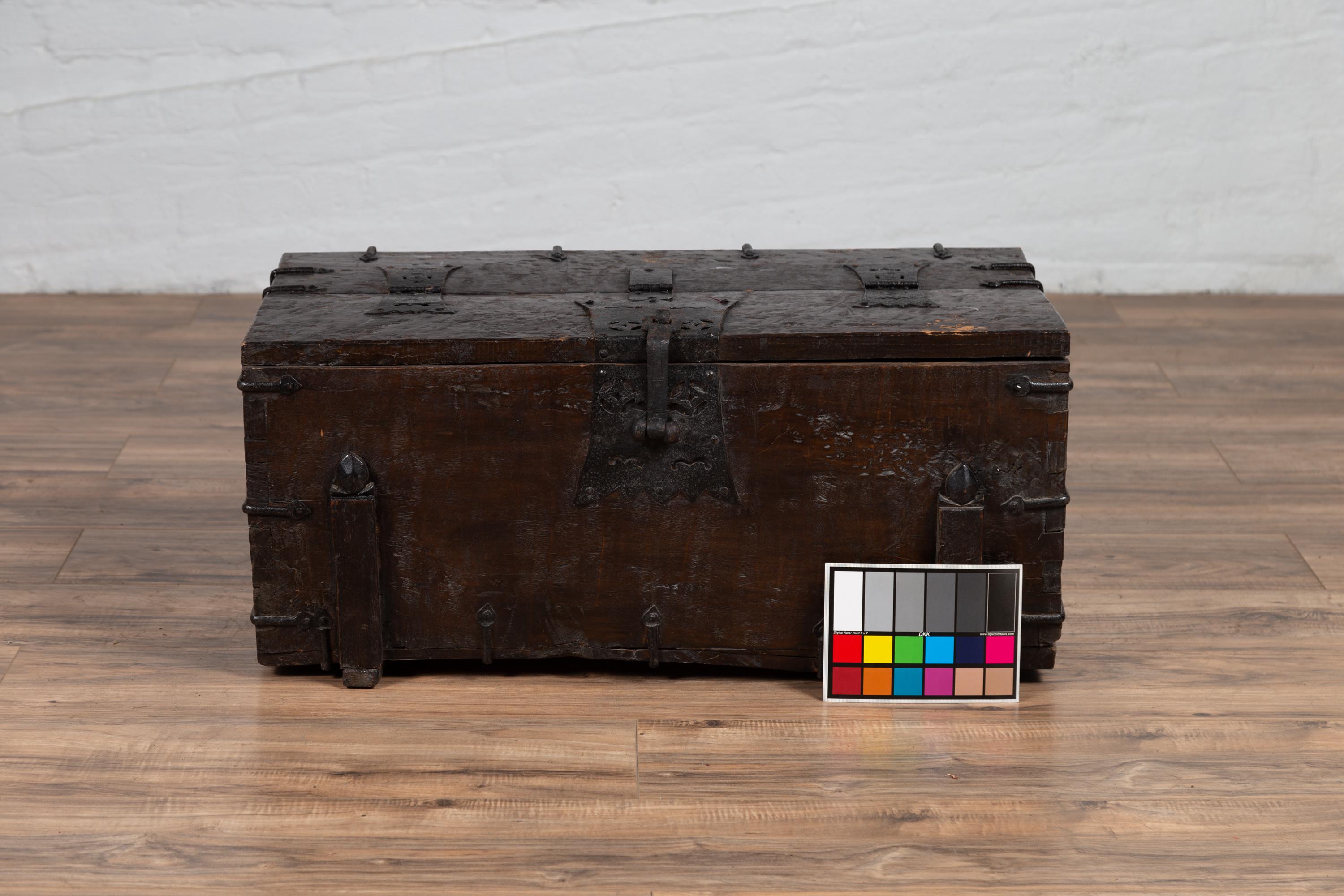 Small Antique Rustic Korean Wooden Trunk with Metal Hardware and Brown Patina 12