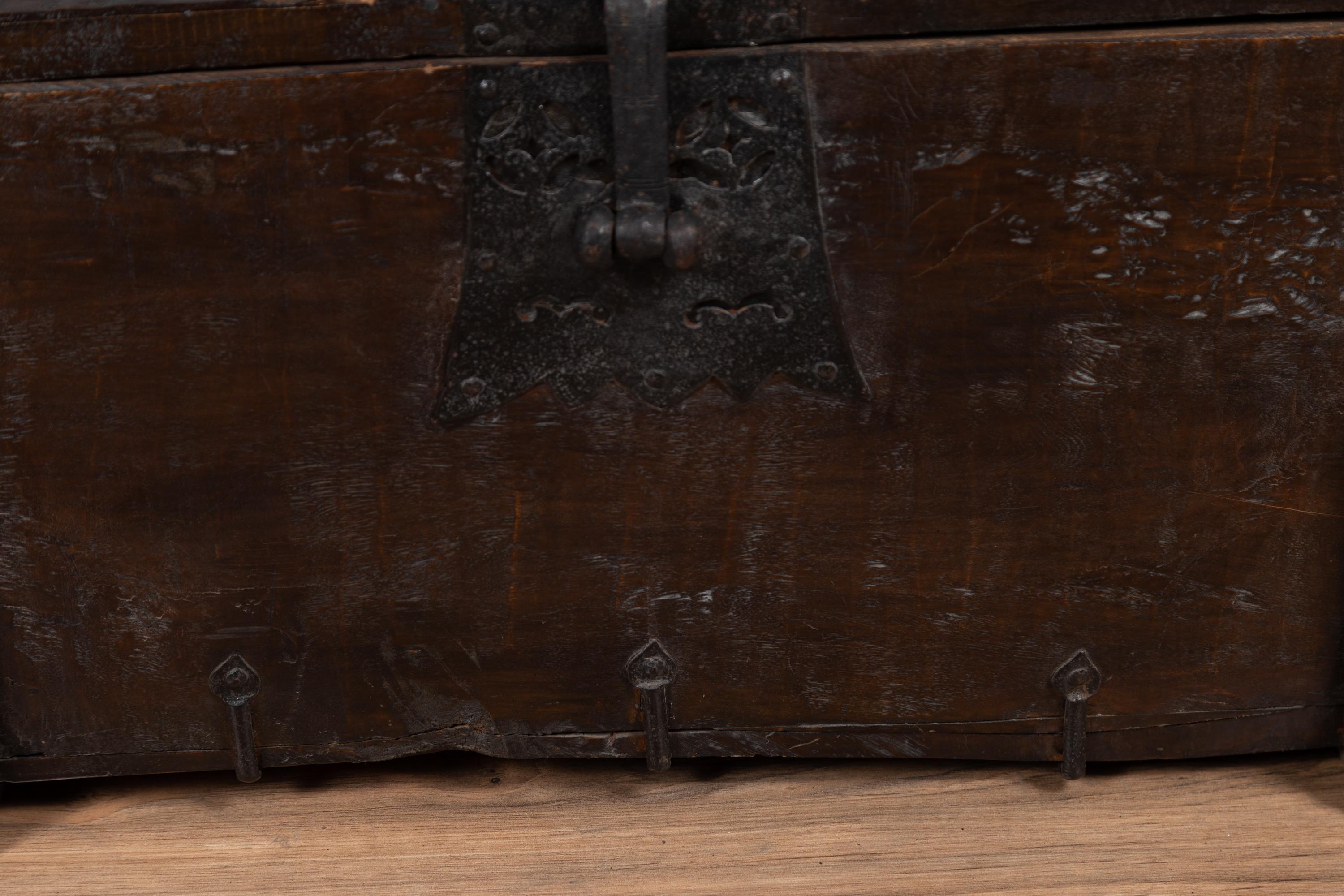 Small Antique Rustic Korean Wooden Trunk with Metal Hardware and Brown Patina 1