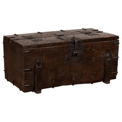 Small Antique Rustic Korean Wooden Trunk with Metal Hardware and Brown Patina