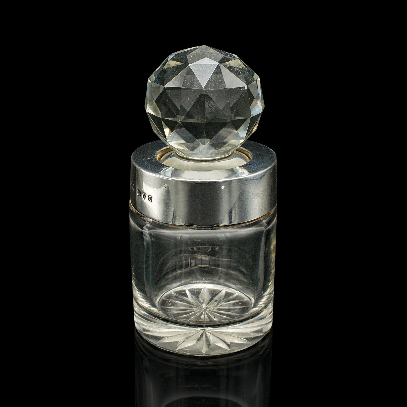 British Small Antique Scent Bottle, English, Glass, Silver, Perfume, Hallmark, Victorian For Sale