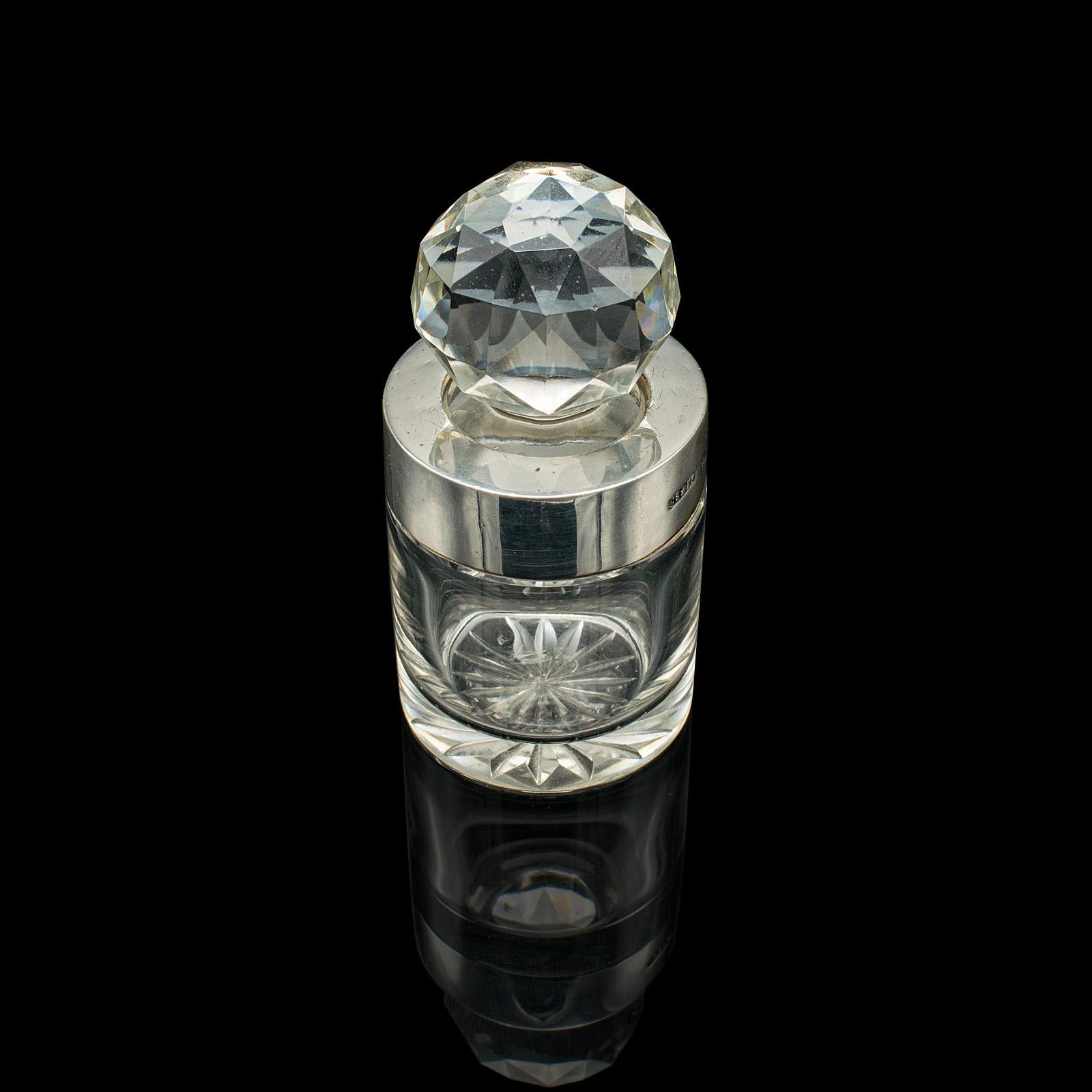 Sterling Silver Small Antique Scent Bottle, English, Glass, Silver, Perfume, Hallmark, Victorian For Sale