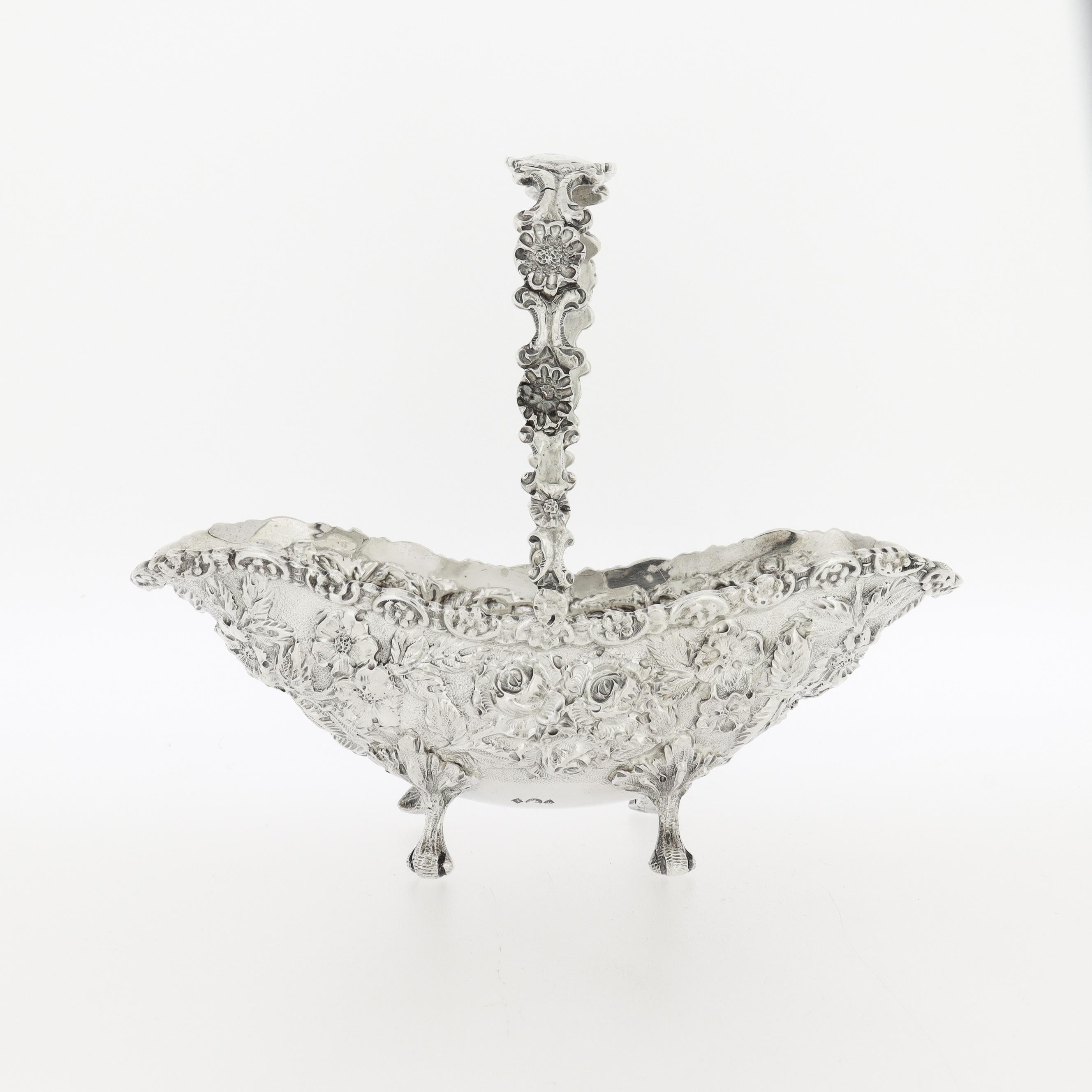 Small Antique Schofield Baltimore Sterling Silver Basket with Repoussé Roses For Sale 1