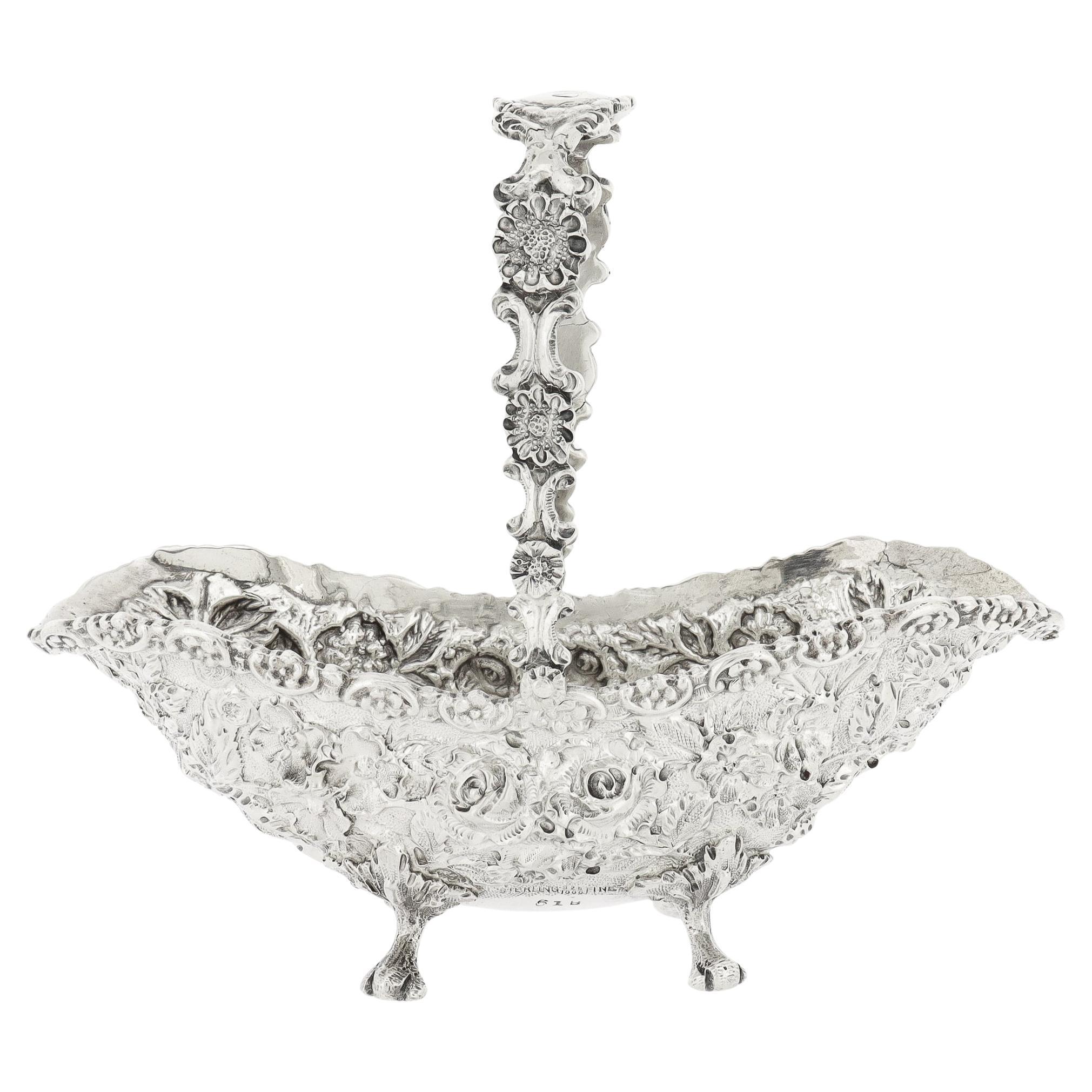 Small Antique Schofield Baltimore Sterling Silver Basket with Repoussé Roses For Sale