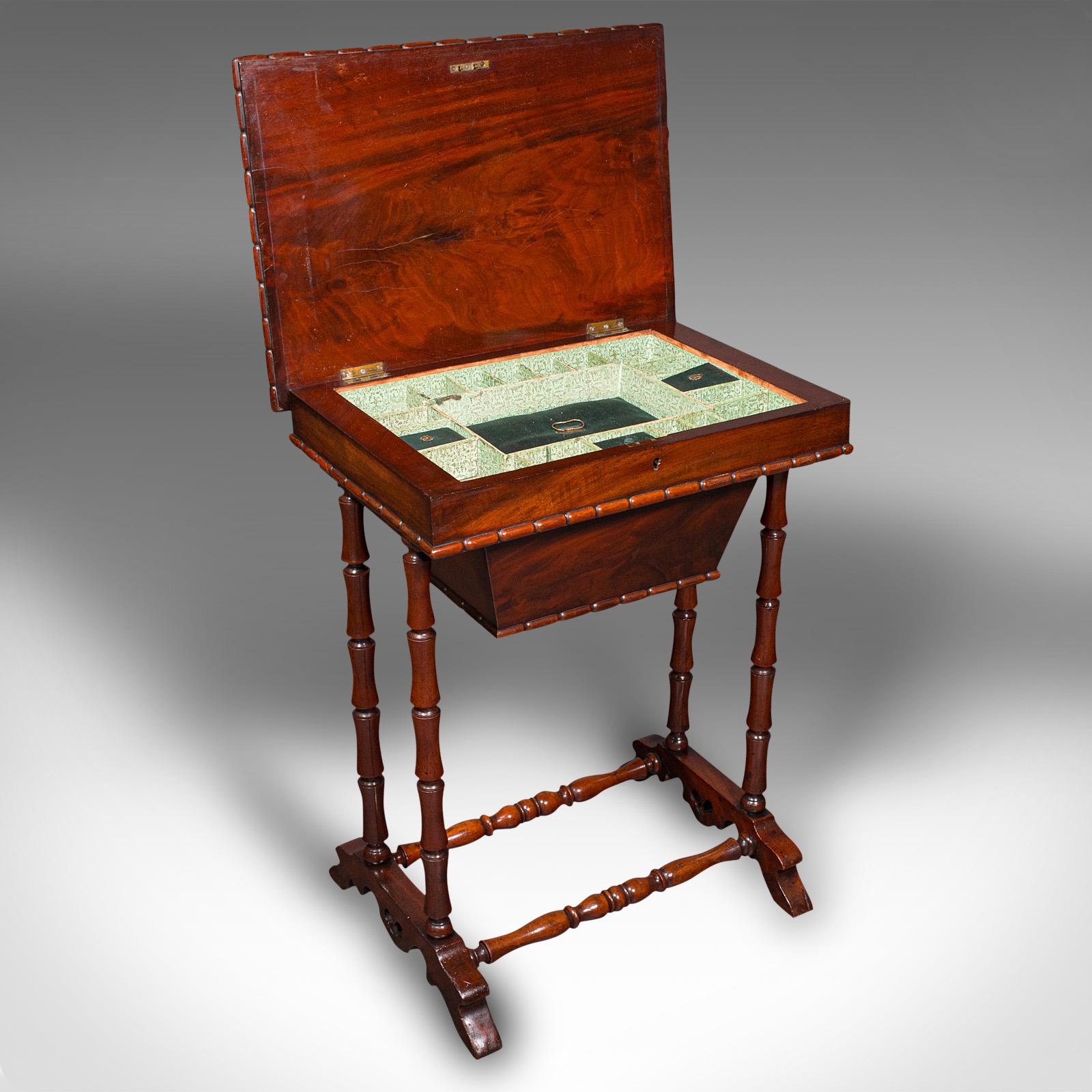 This is an antique sewing table. An English, flame mahogany ladies work table, dating to the late Regency period, circa 1830.

Dashing example, with superb colour and form
Displays a desirable aged patina and in good order
Select stocks present fine