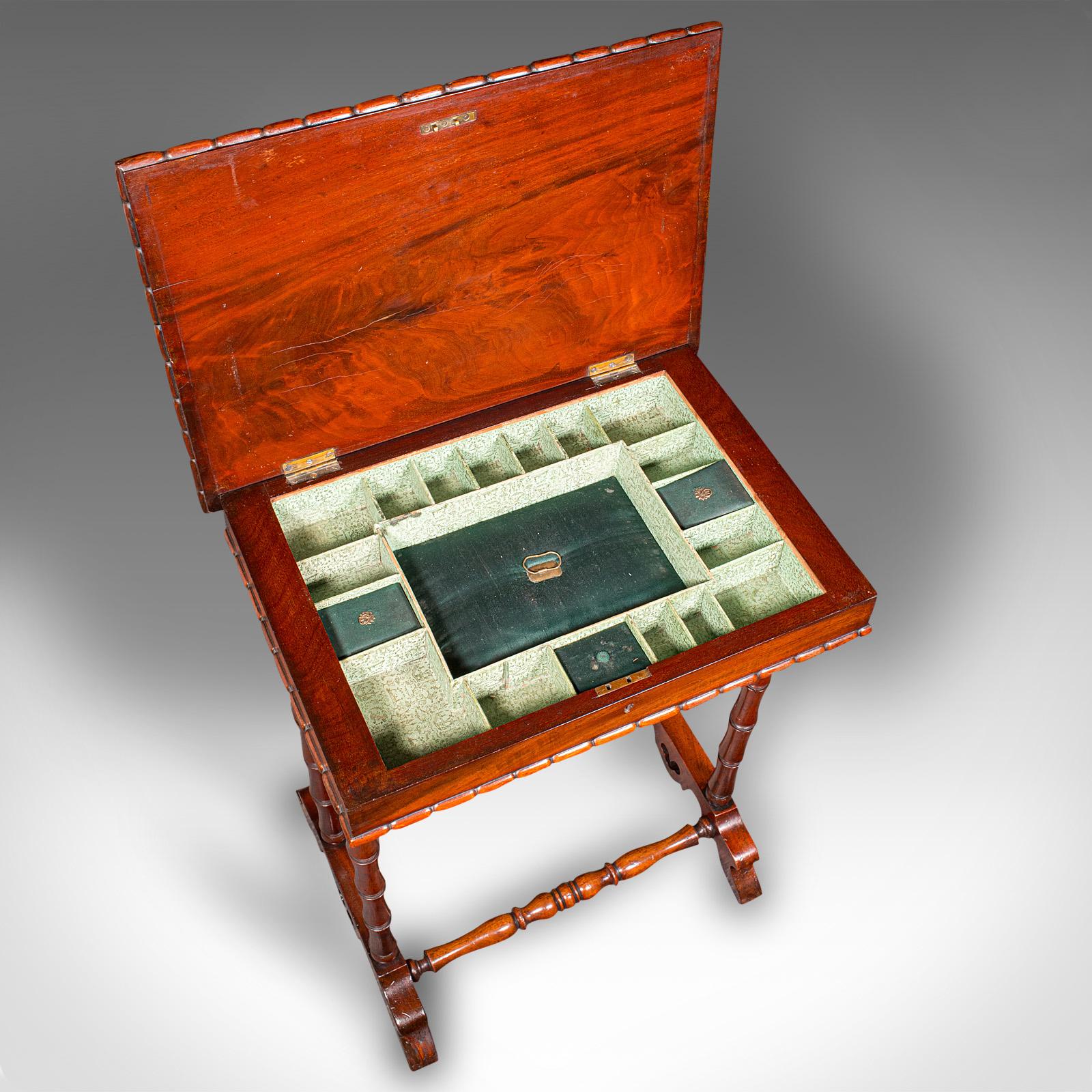 Wood Small Antique Sewing Table, English, Flame, Ladies, Work, Regency, Circa 1830 For Sale