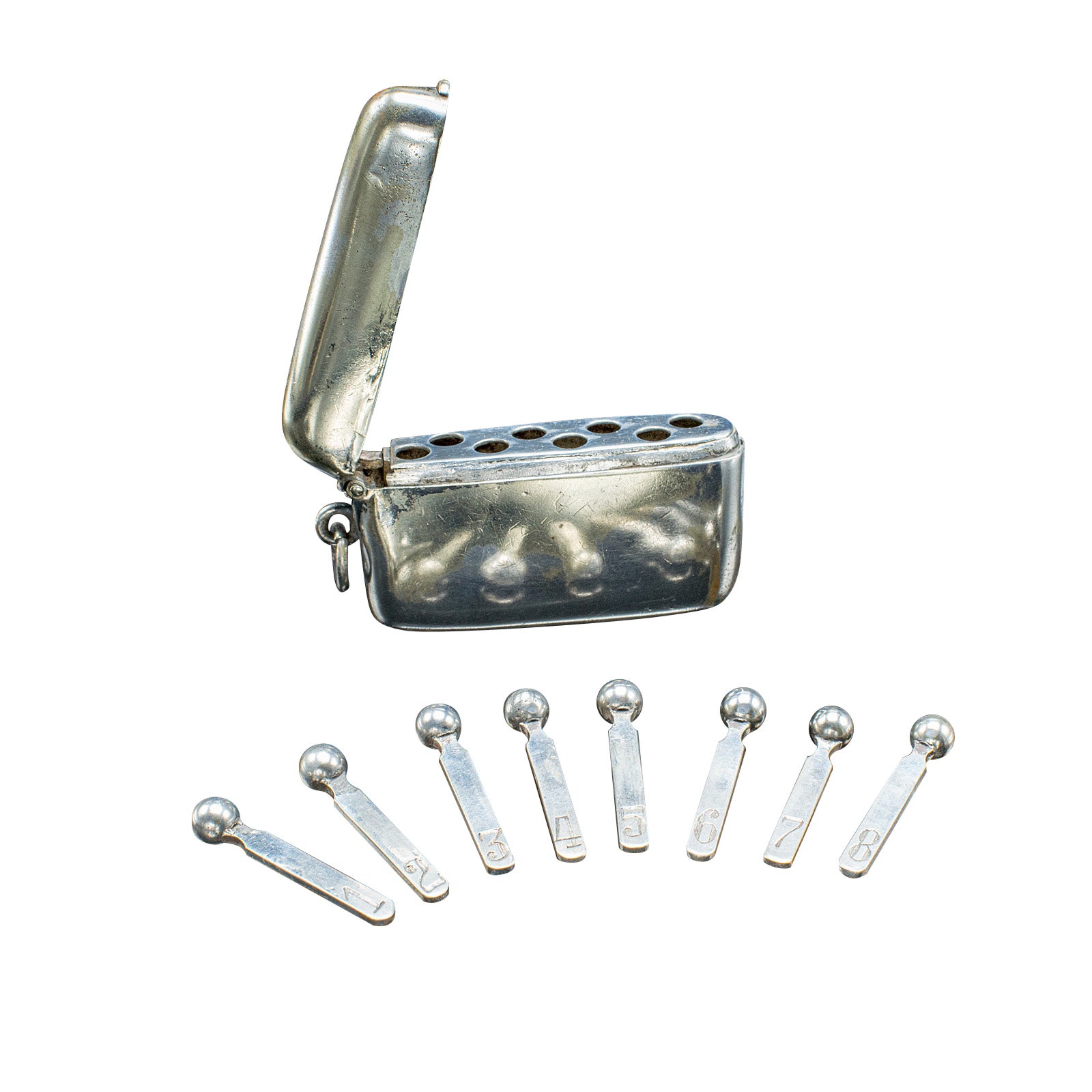 Piccolo astuccio antico per pioli da tiro, inglese, in argento, scatola per pennarelli, vittoriano