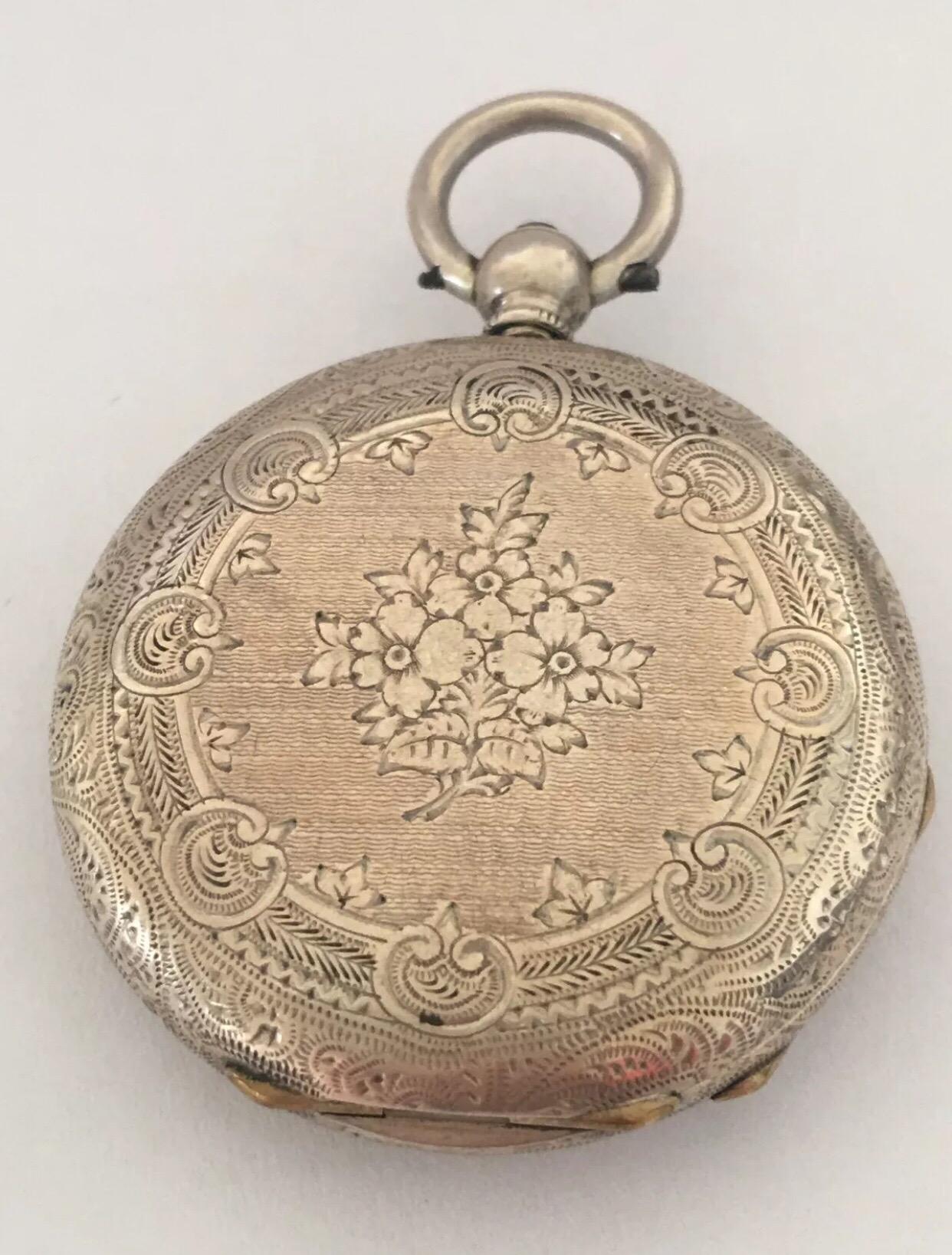 
SMALL ANTIQUE SILVER KEY WIND POCKET WATCH. Circa 1880’s.


This beautiful clean silver dial and fully engraved silver Case Geneve watch is working and ticking well. It comes with a key
