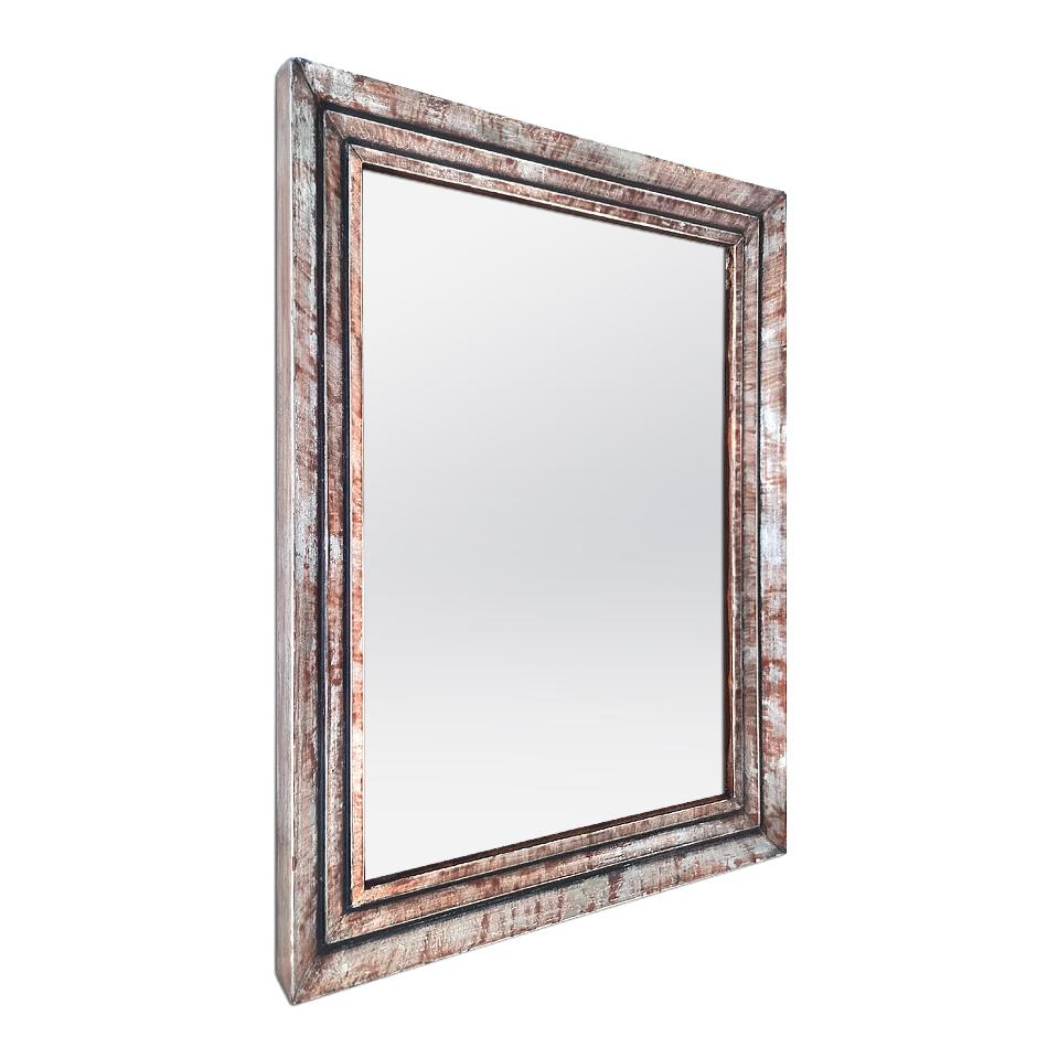 Antique small silverwood wall mirror, sepia patina, circa 1960. Original silvered gilding and patina on an antique frame in the shape of a staircase stylised. (Measure: frame width 4.3 cm / 1.69 in.) Modern glass mirror.
