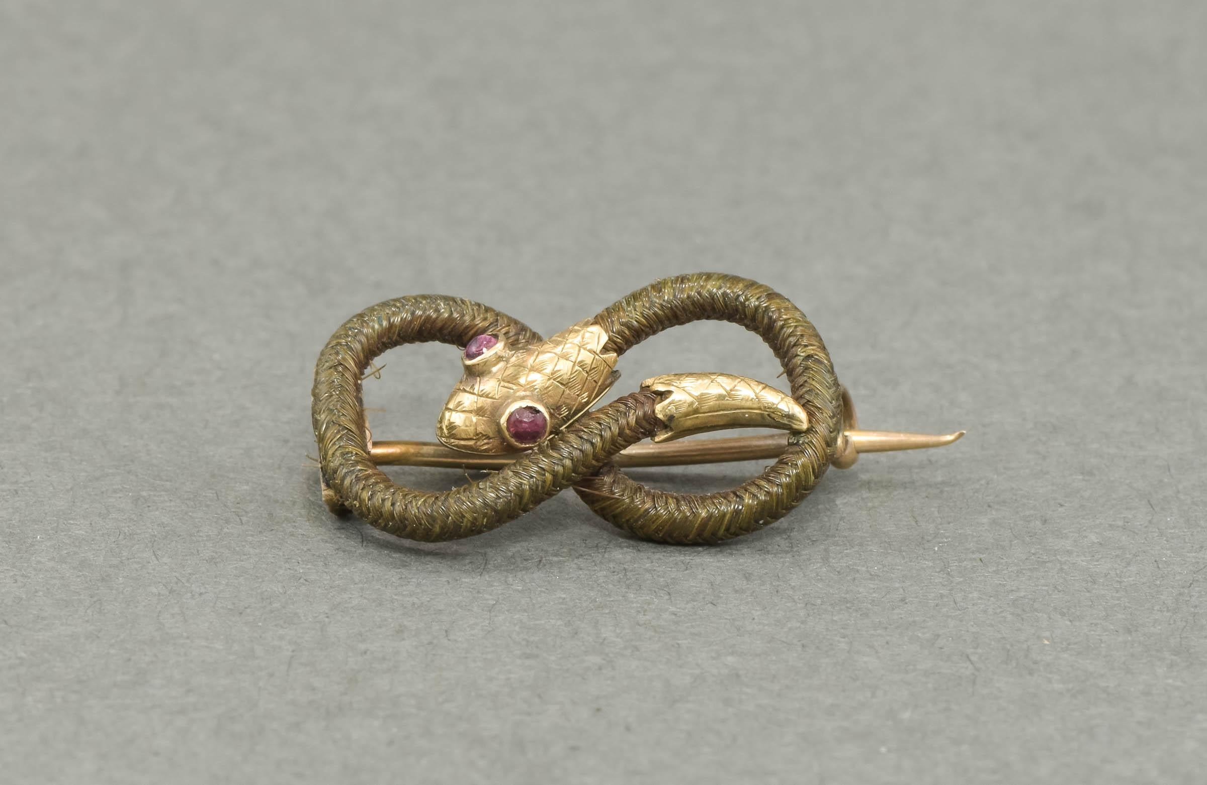 Georgian Small Antique Snake Eternity Brooch Pin - Gold with Hairwork For Sale