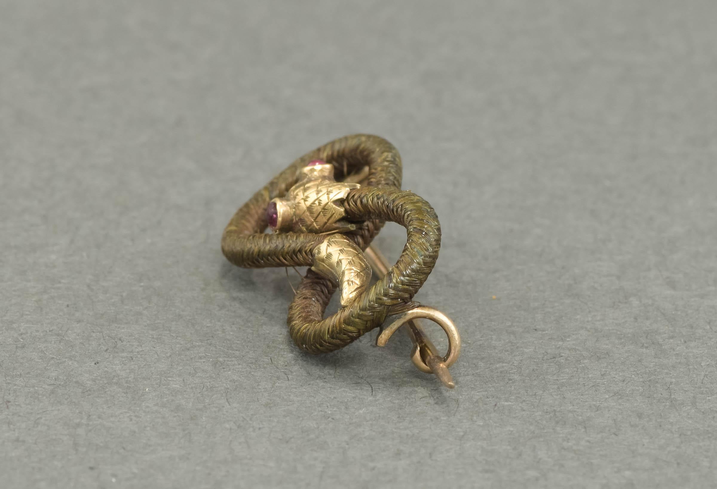 Antike Schlangen-Eternity-Brosche/Anstecknadel - Gold mit Haararbeit im Angebot 2