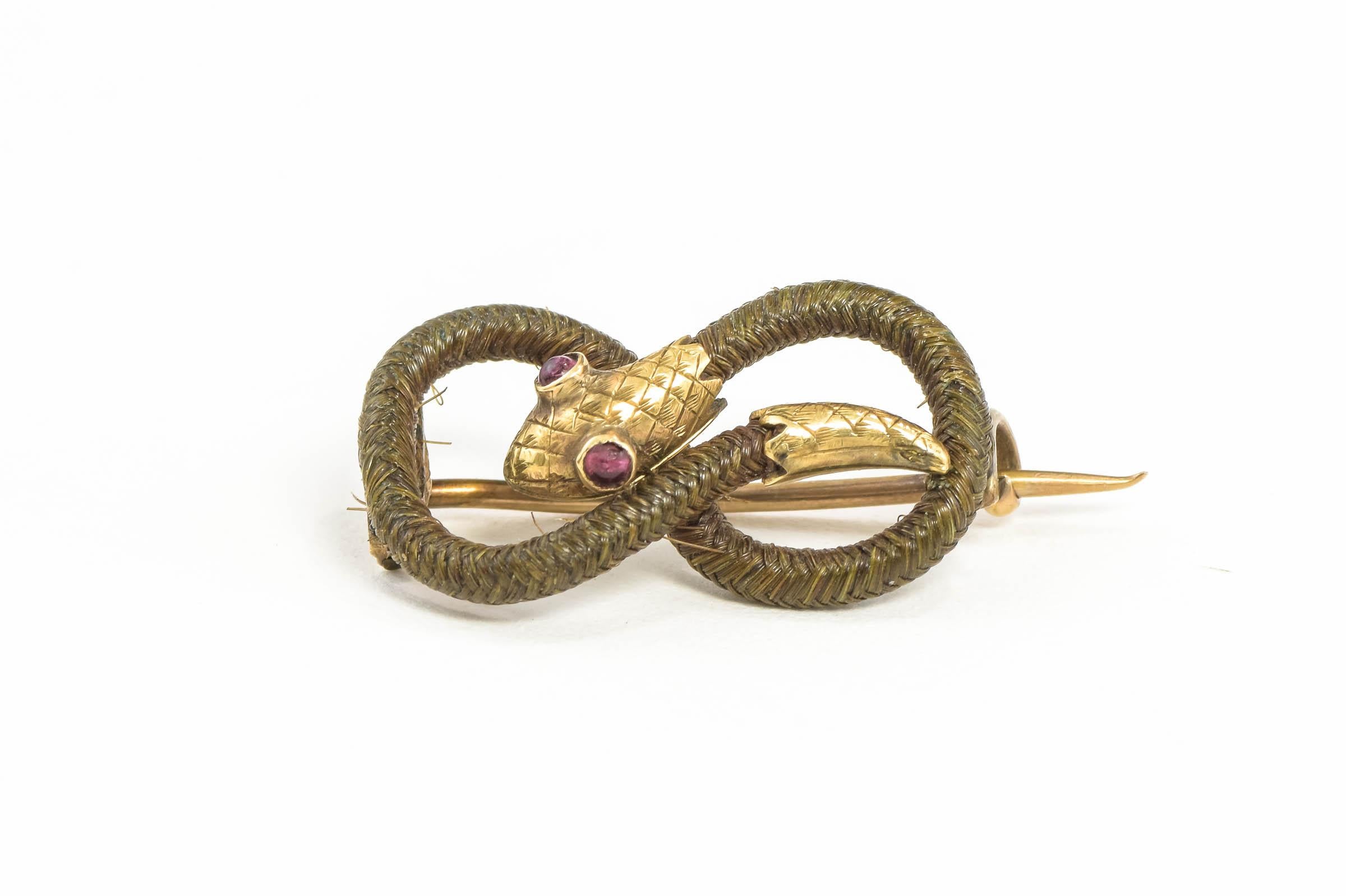 Small Antique Snake Eternity Brooch Pin - Gold with Hairwork For Sale 1