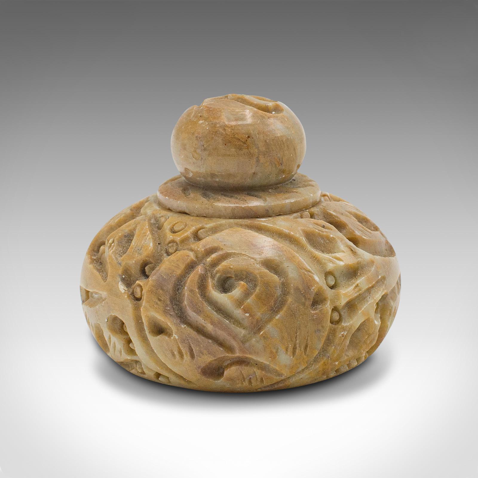 19th Century Small Antique Snuff Pot Chinese Carved Marble, Lidded Jar Victorian, circa 1900 For Sale