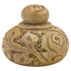 Small Antique Snuff Pot Chinese Carved Marble, Lidded Jar Victorian, circa 1900