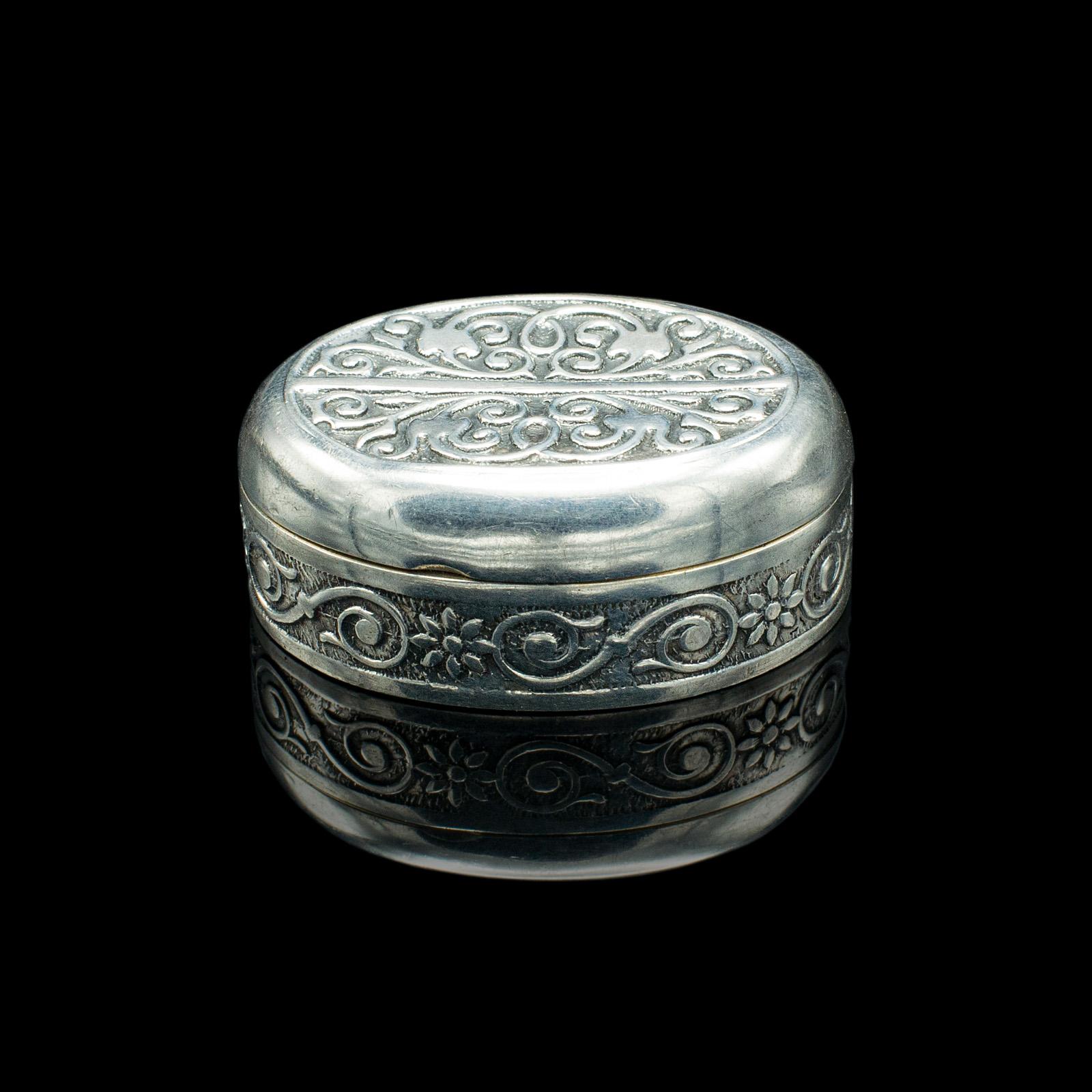 European Small Antique Snuff Pot, Continental, Silver, Pill Box, Art Nouveau, Victorian