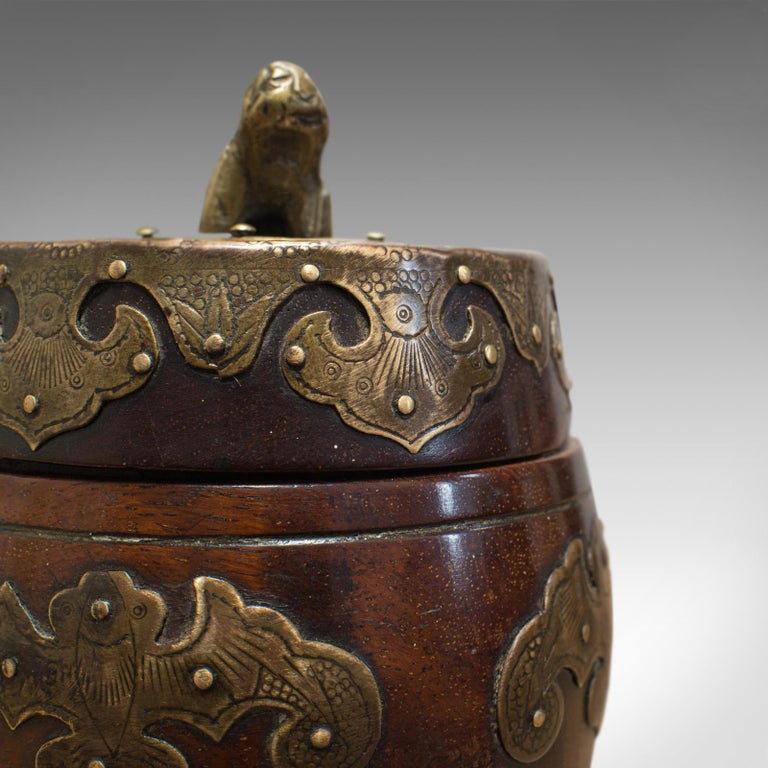Small Antique Spice Jar, Chinese, Mahogany, Brass, Decorative Pot