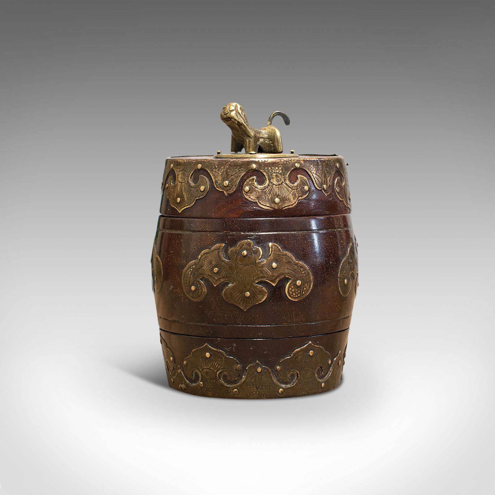 This is a small antique spice jar. A Chinese, mahogany and brass decorative pot, dating to the late Victorian period, circa 1890.

Striking, late 19th century oriental taste
Displays a desirable aged patina
Mahogany shows fine grain detail and