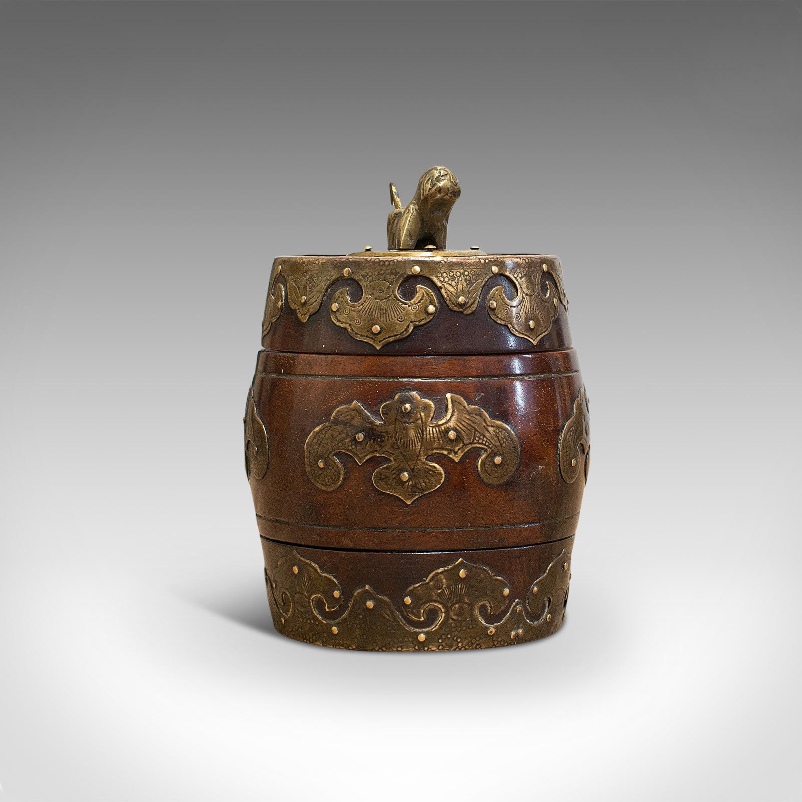 Small Antique Spice Jar, Chinese, Mahogany, Brass, Decorative Pot, Victorian In Good Condition For Sale In Hele, Devon, GB