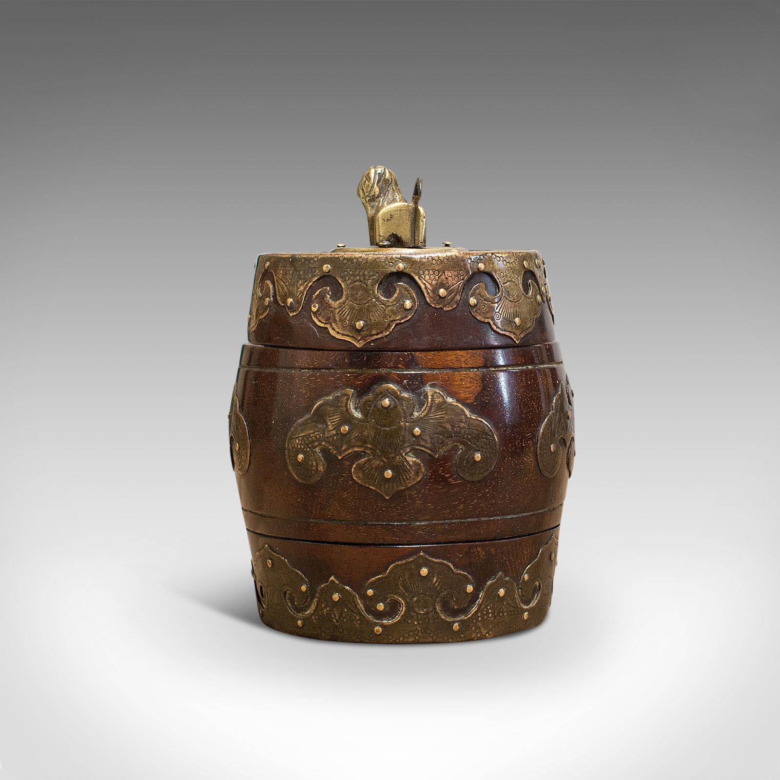 19th Century Small Antique Spice Jar, Chinese, Mahogany, Brass, Decorative Pot, Victorian For Sale