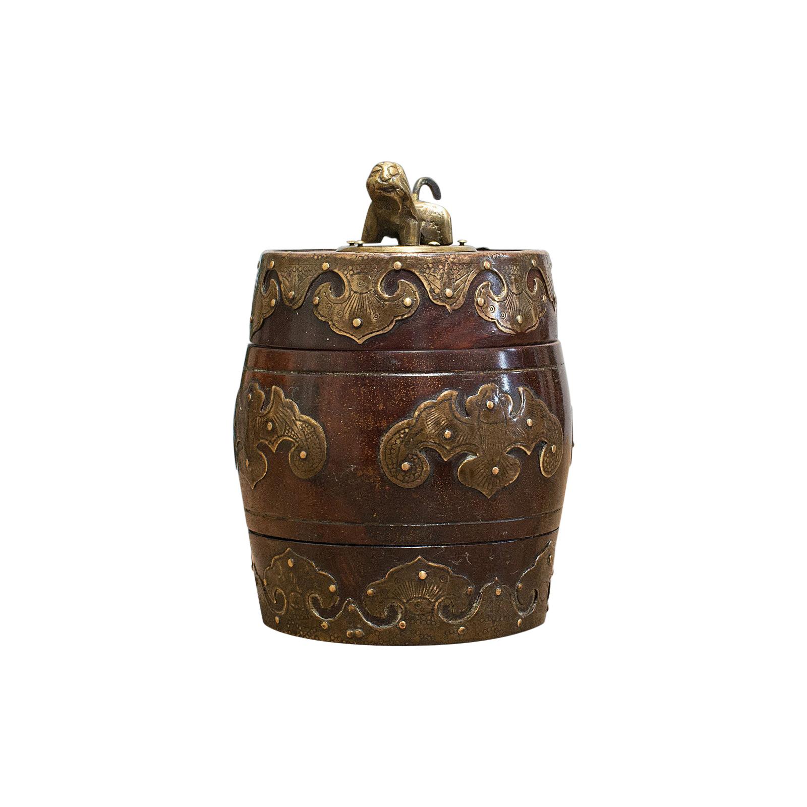Small Antique Spice Jar, Chinese, Mahogany, Brass, Decorative Pot, Victorian For Sale