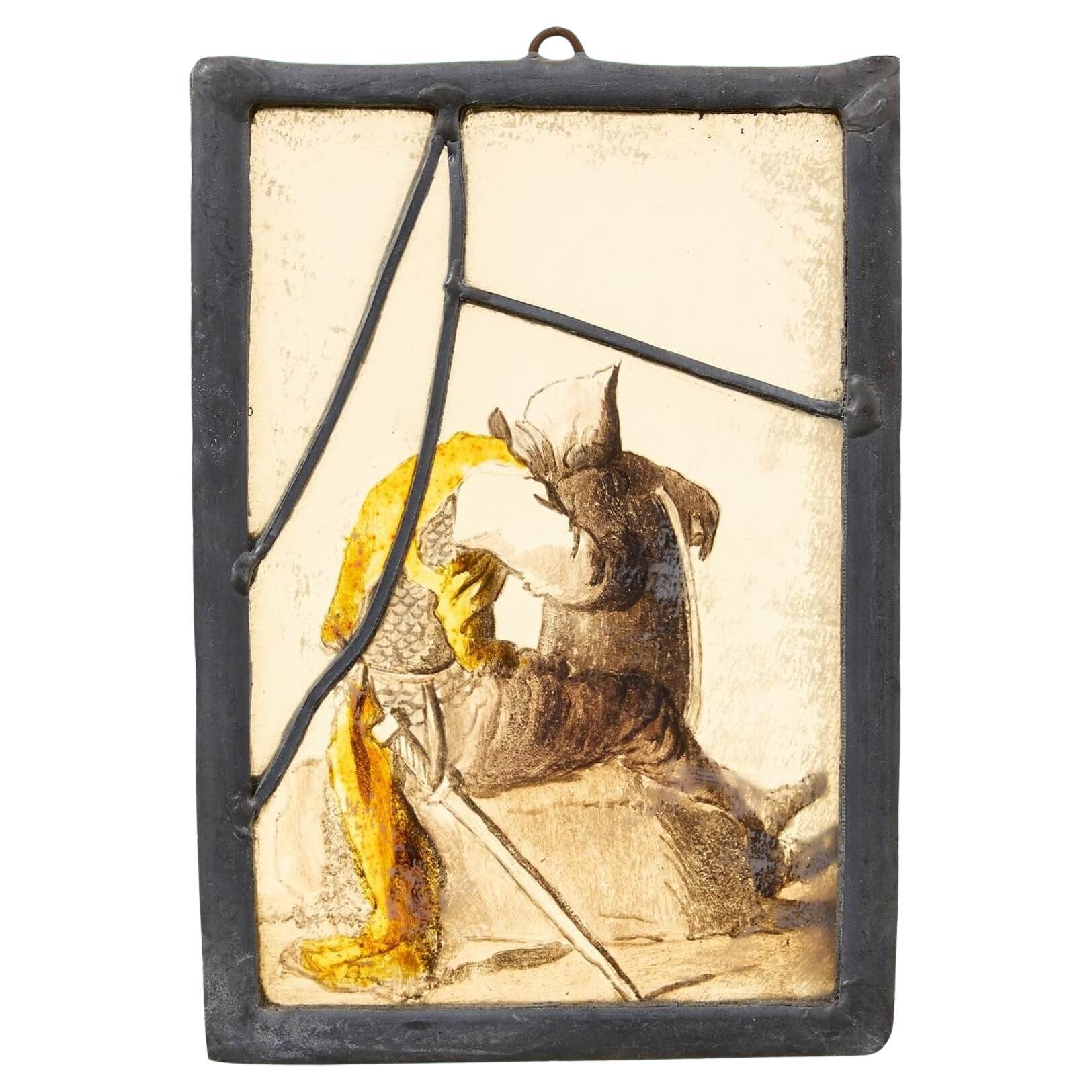 Small Antique Stained Glass Panel of Medieval Soldier
