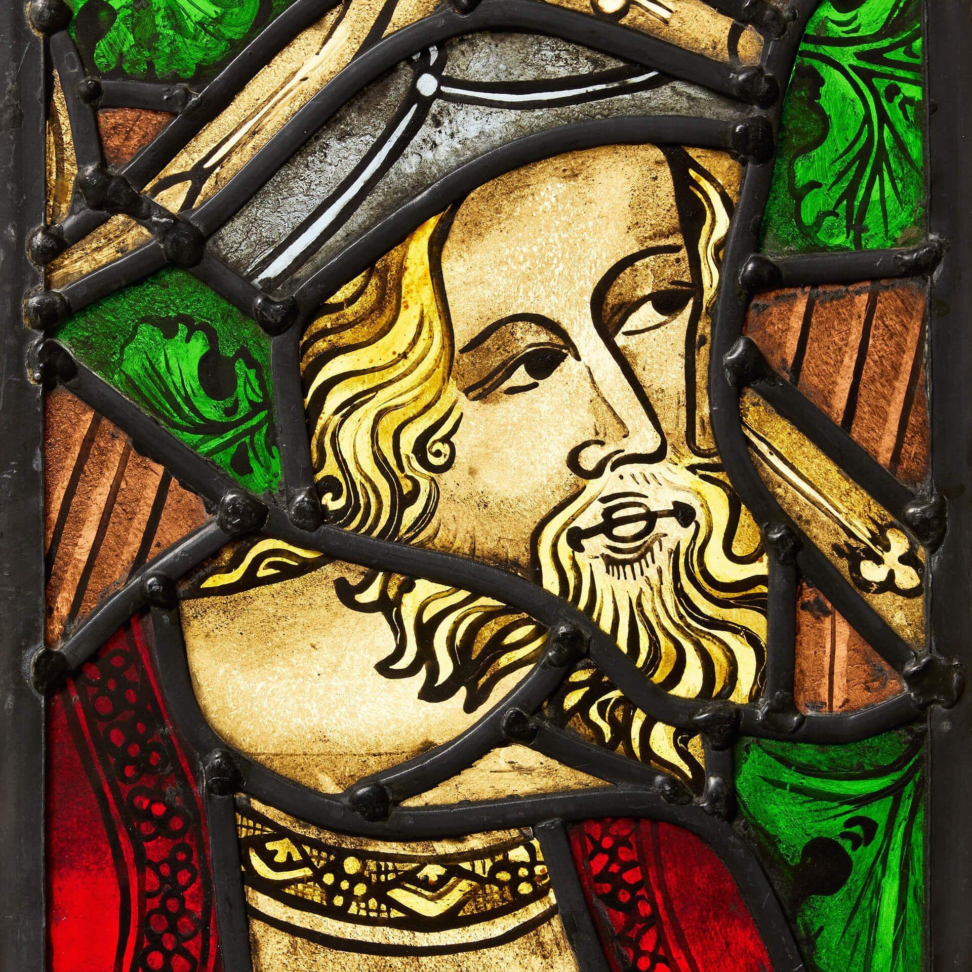 Medieval Small Antique Stained Glass Window of a Nobleman For Sale