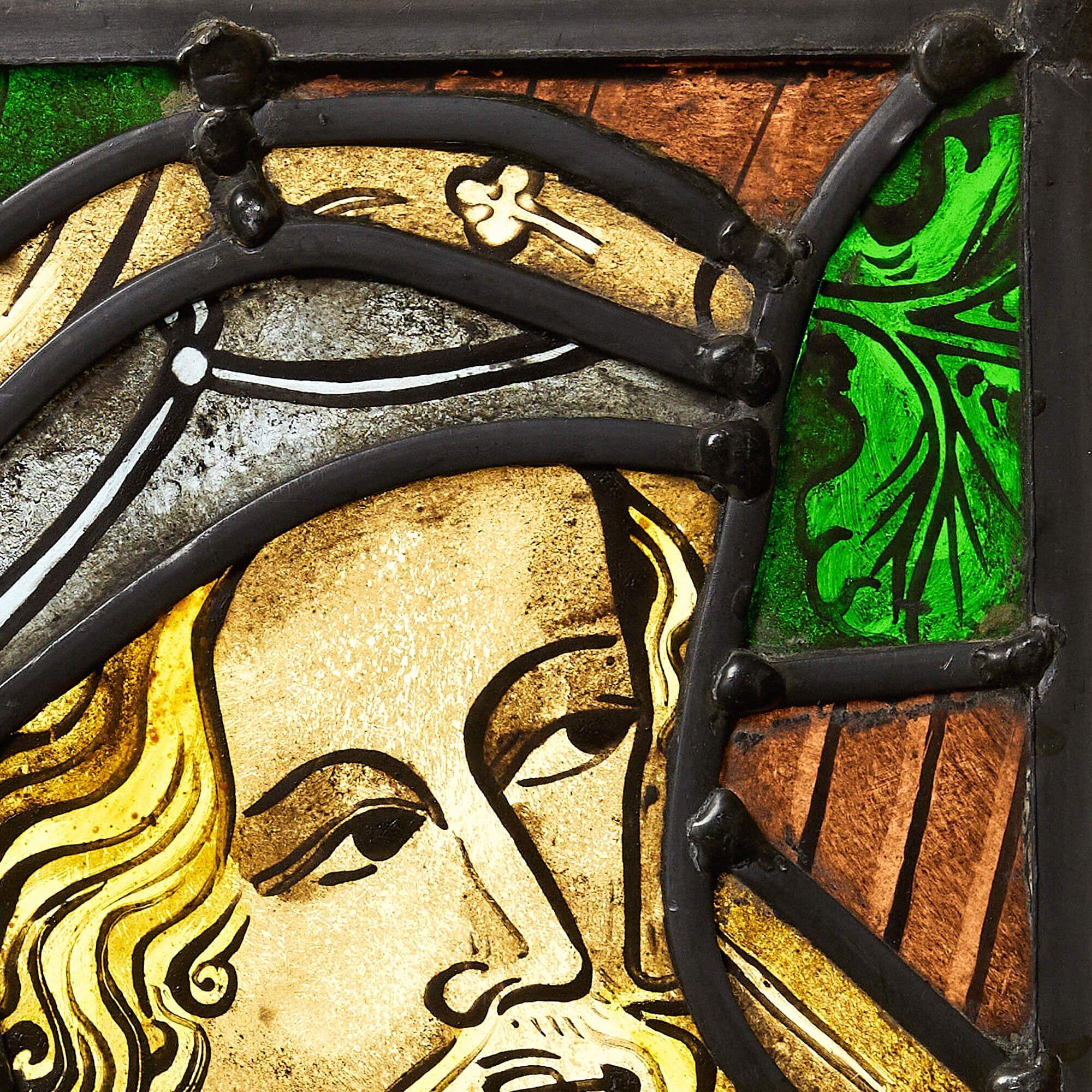 English Small Antique Stained Glass Window of a Nobleman For Sale