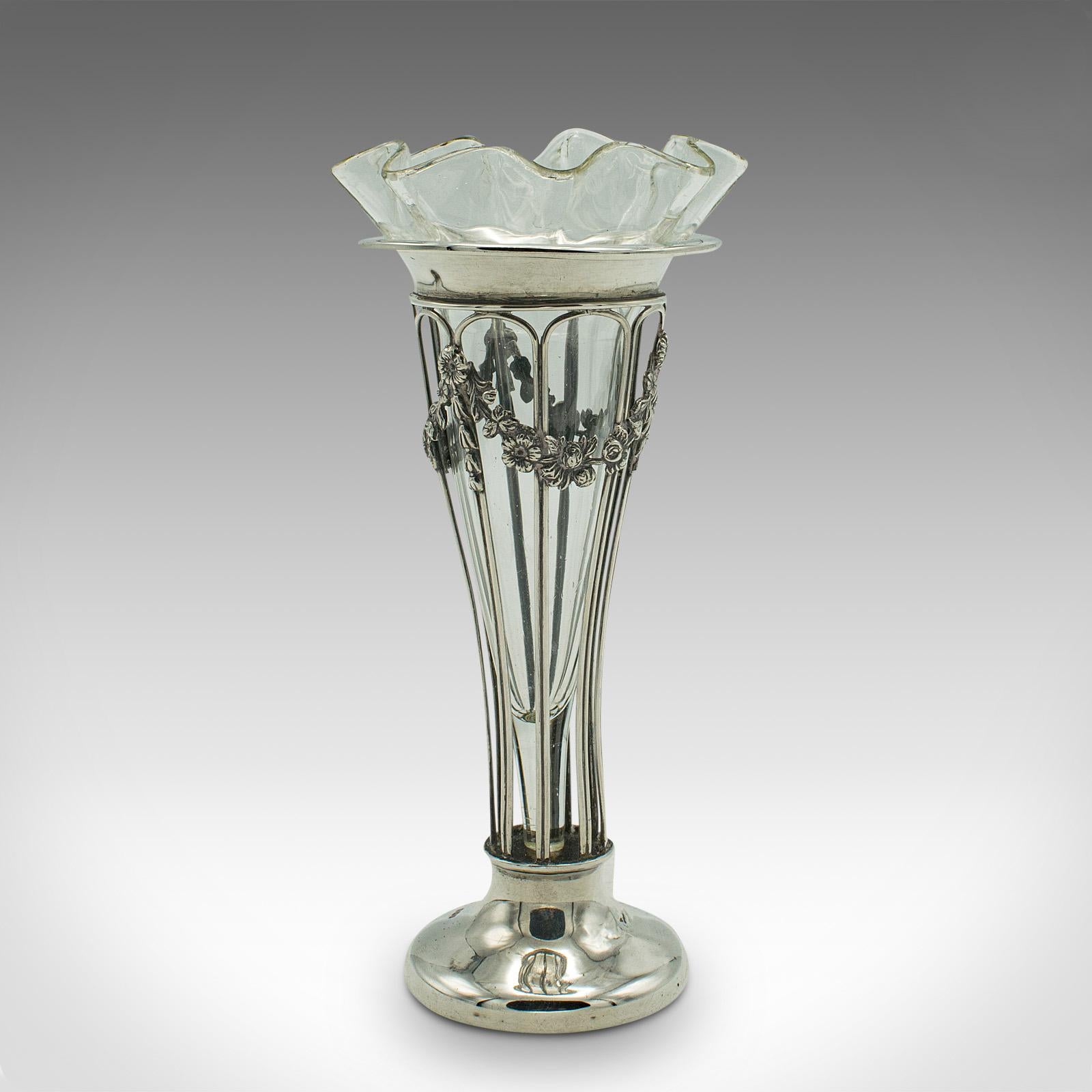 British Small Antique Stem Vase, English, Silver, Glass, Decor, Art Nouveau, Edwardian For Sale