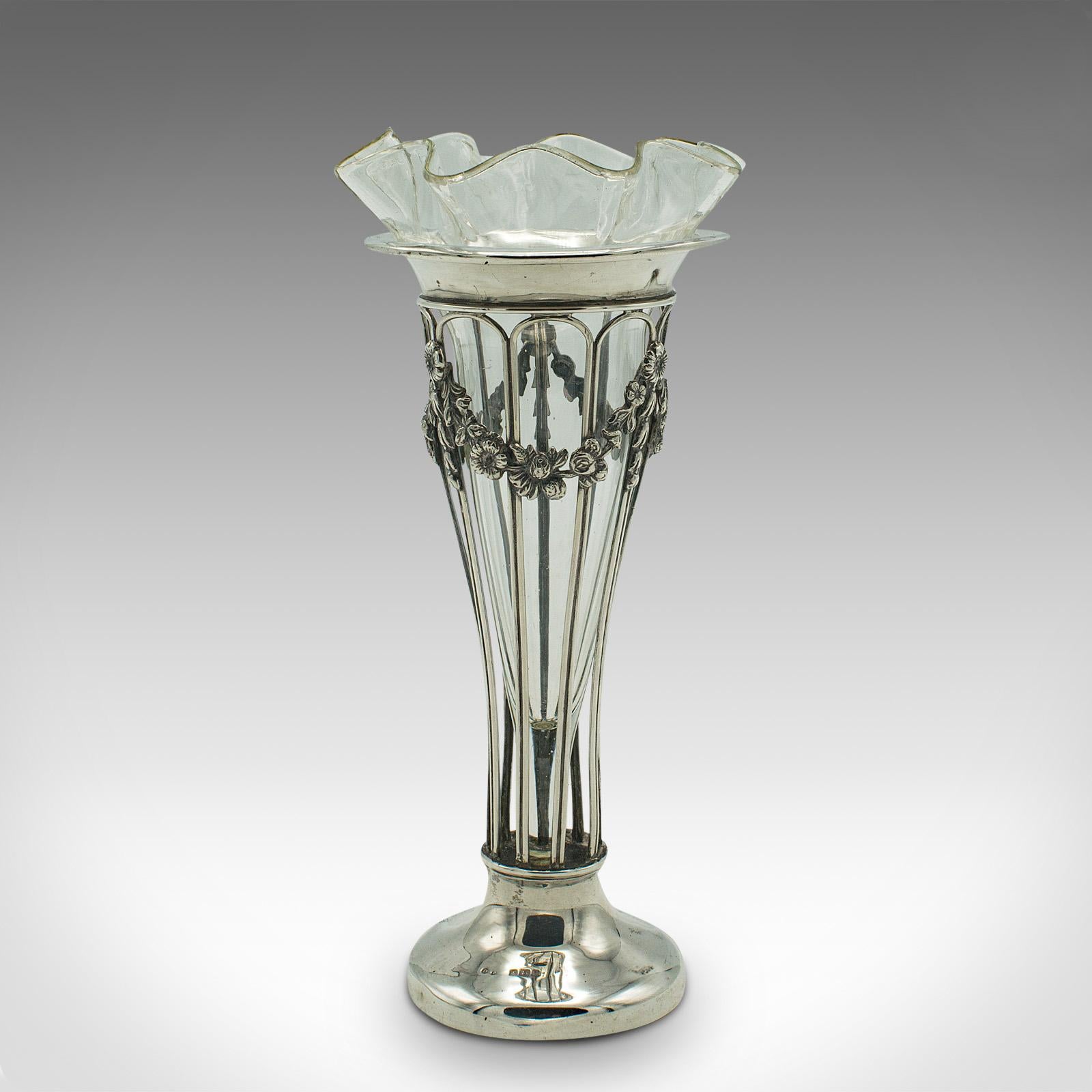 20th Century Small Antique Stem Vase, English, Silver, Glass, Decor, Art Nouveau, Edwardian For Sale