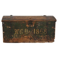 Small Antique Storage Chest of Pine Partly with Green Paint Sweden 1868
