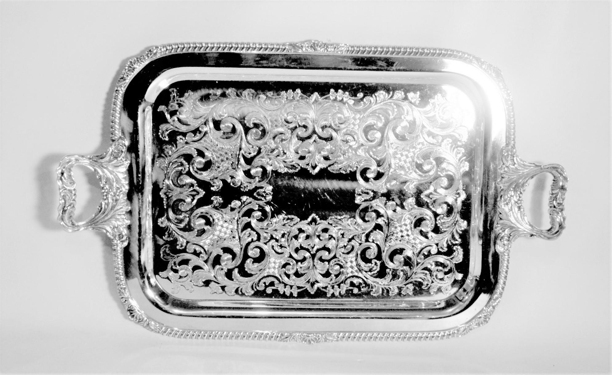 Victorian Small Antique Styled English Silver Plated Serving Tray with Ornate Engraving For Sale