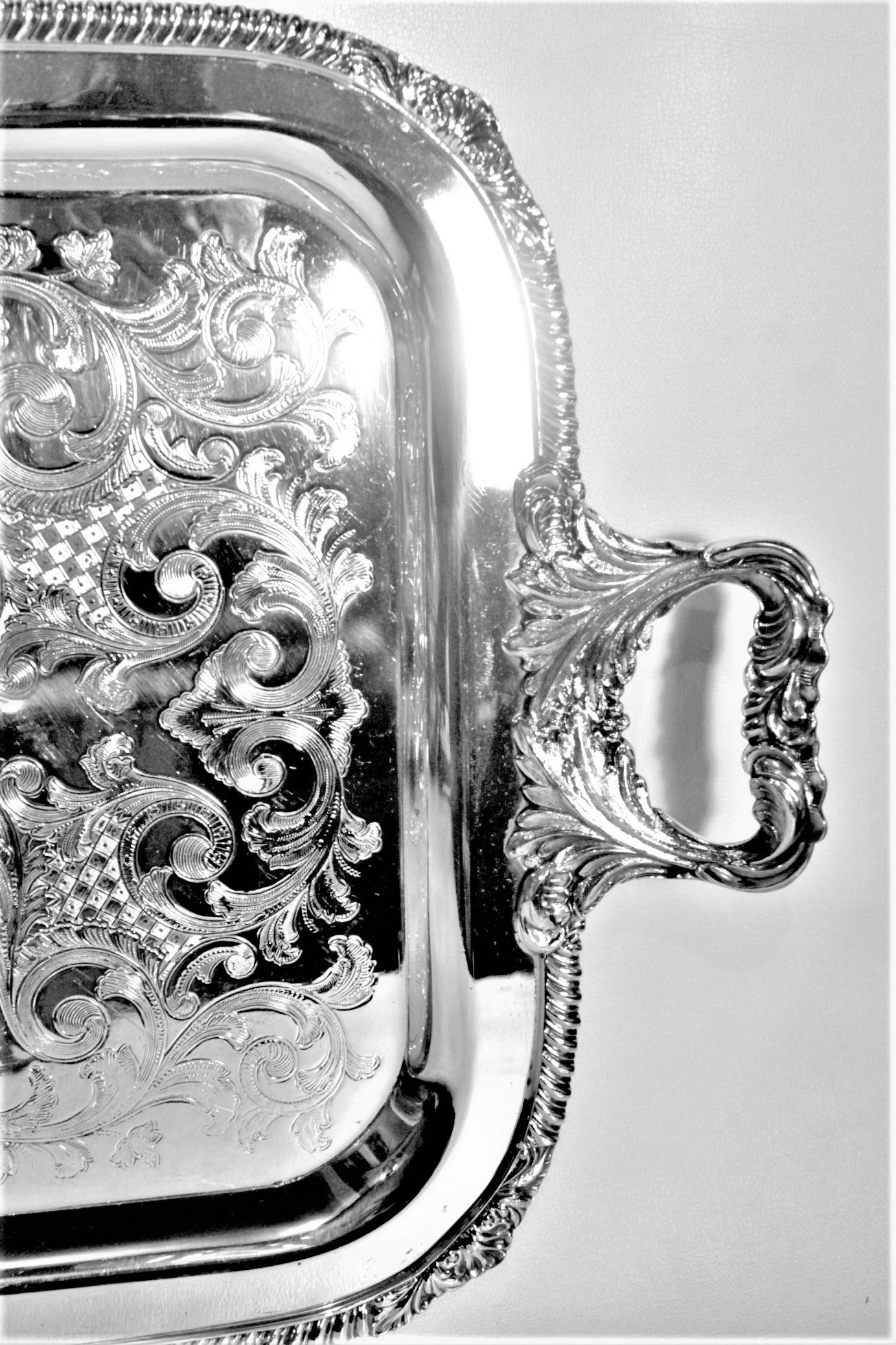 Small Antique Styled English Silver Plated Serving Tray with Ornate Engraving In Good Condition For Sale In Hamilton, Ontario
