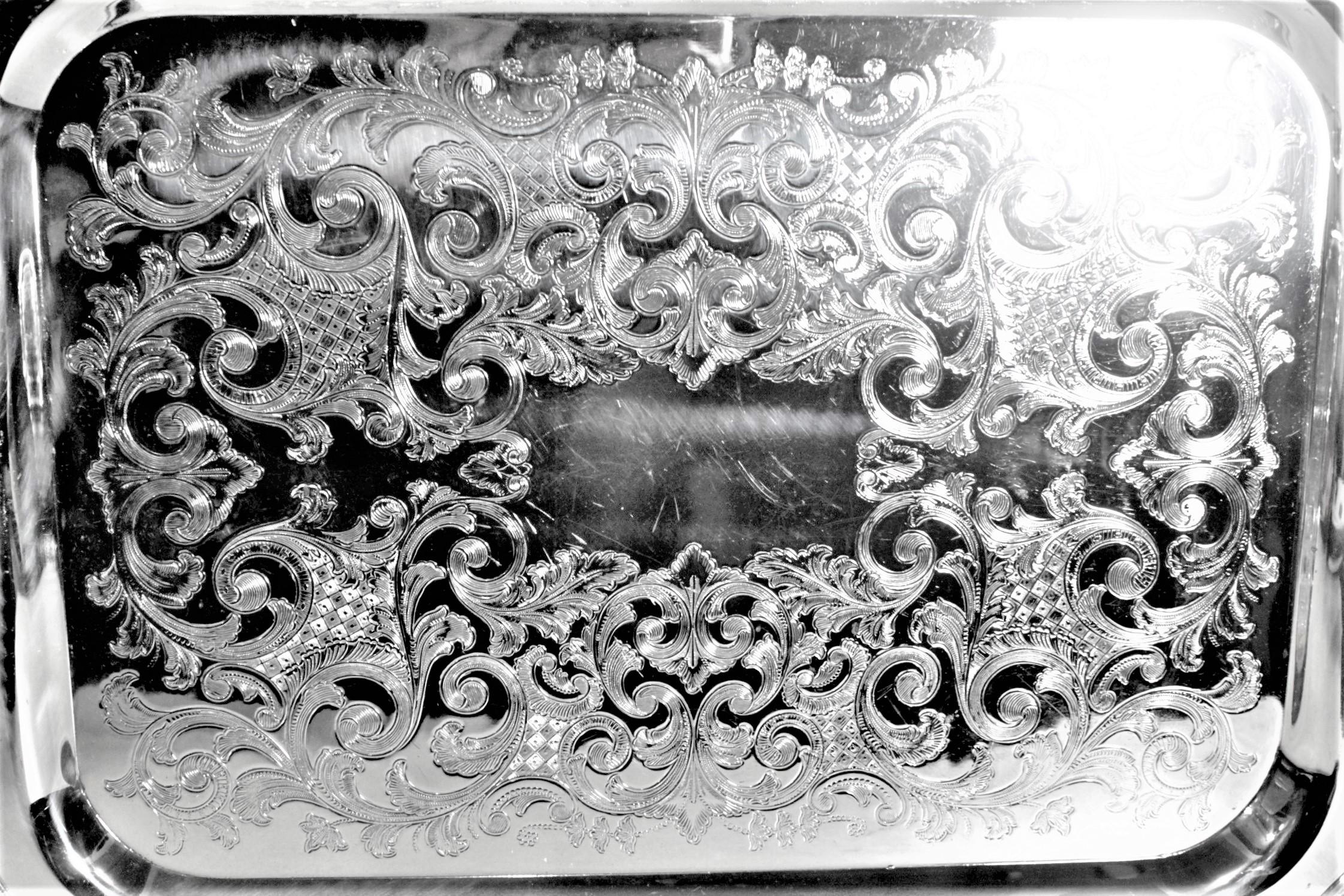 20th Century Small Antique Styled English Silver Plated Serving Tray with Ornate Engraving For Sale