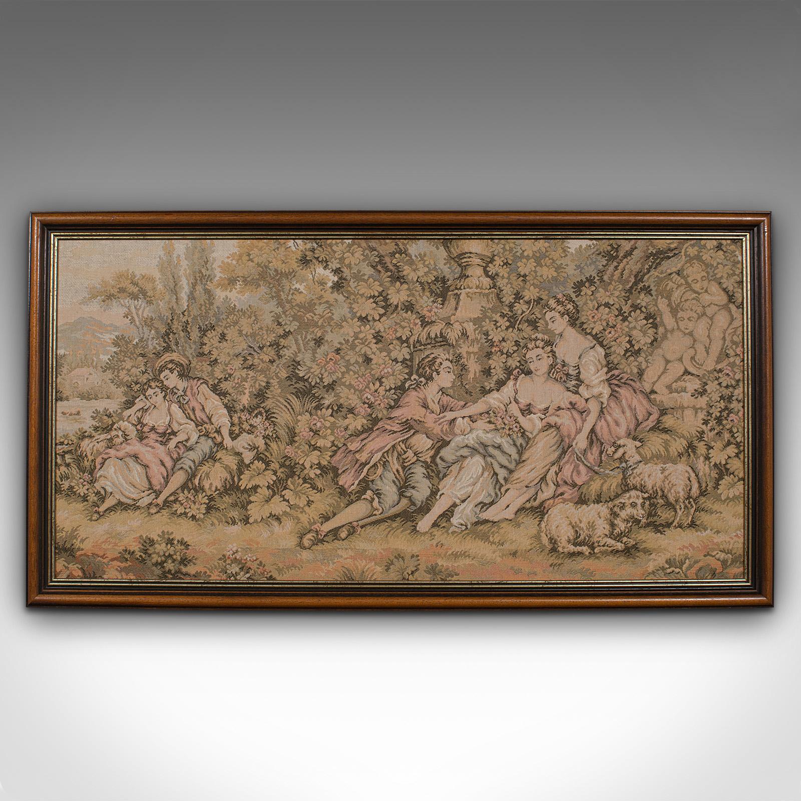 This is a small antique tapestry. A Continental, needlepoint decorative wall panel with mahogany frame, dating to the early 20th century, circa 1920.

Of compact proportion, ideal for the smaller room or nook
Displays a desirable aged patina and