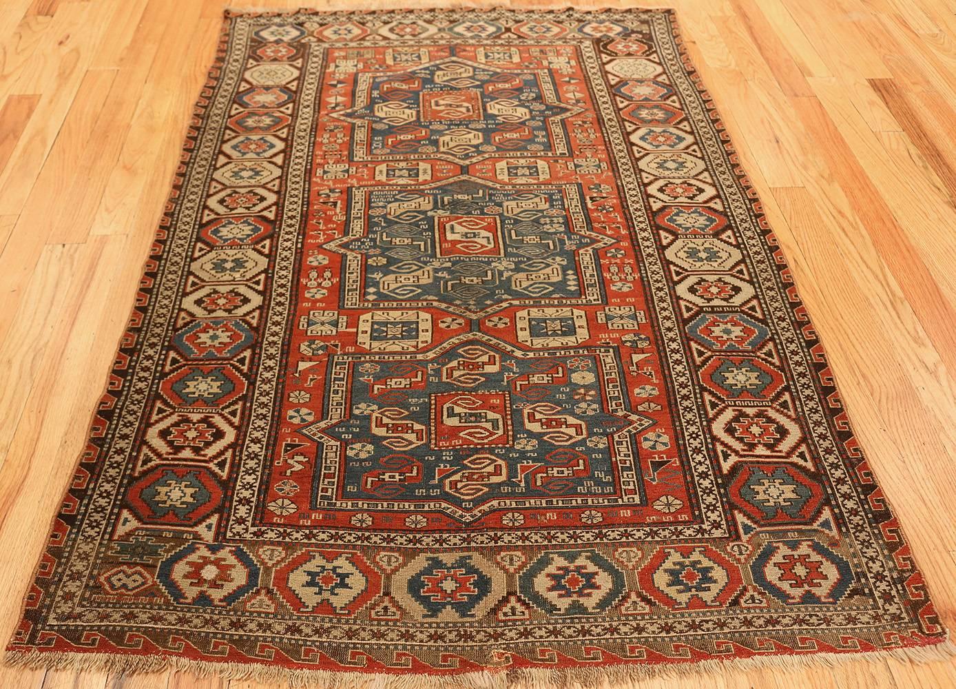 20th Century Small Antique Tribal Soumak Caucasian Rug. Size: 4 ft 4 in x 6 ft 5 in 