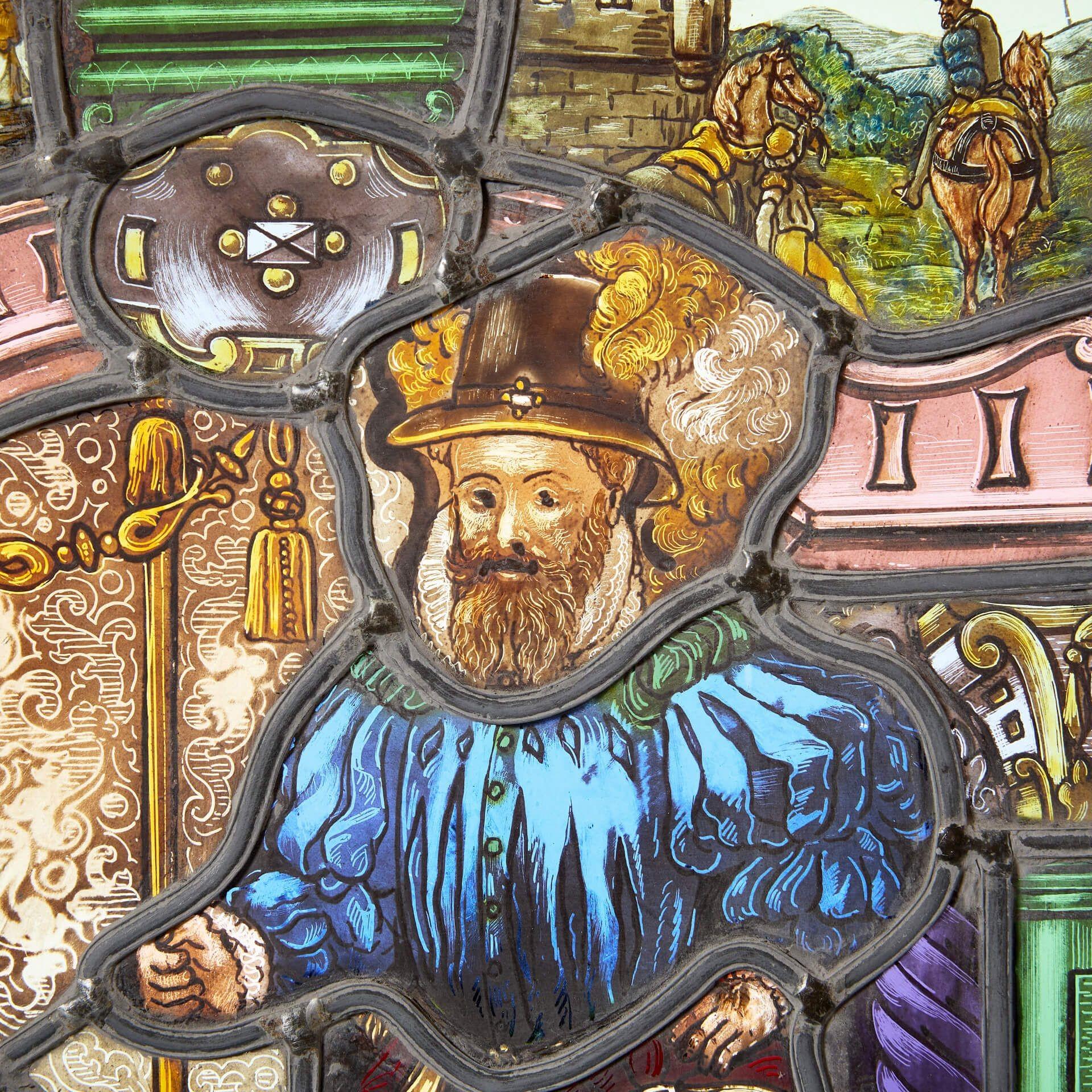 English Small Antique Tudor Style Stained Glass Panel For Sale