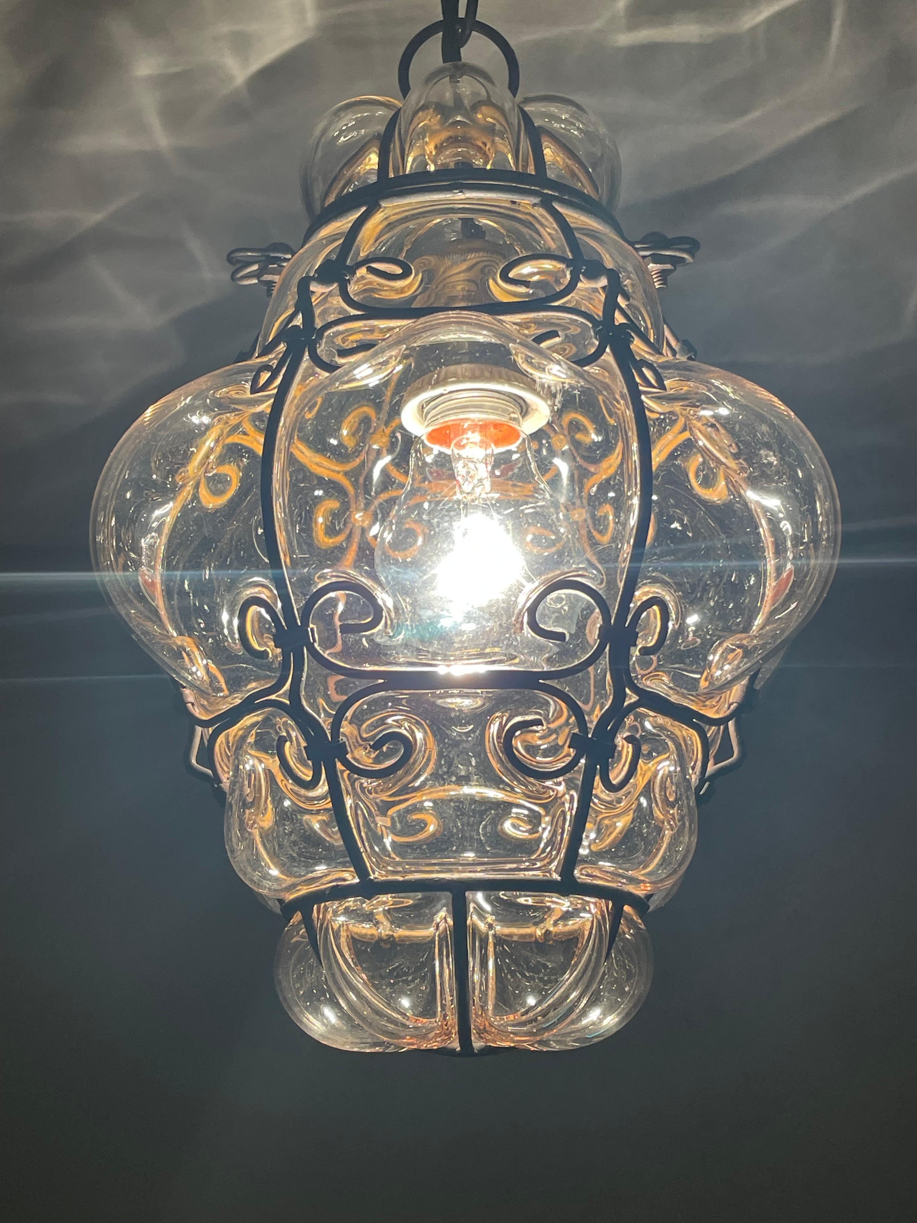 Small Antique Venetian Murano Hall Pendant Mouth Blown Glass into Iron Frame 3