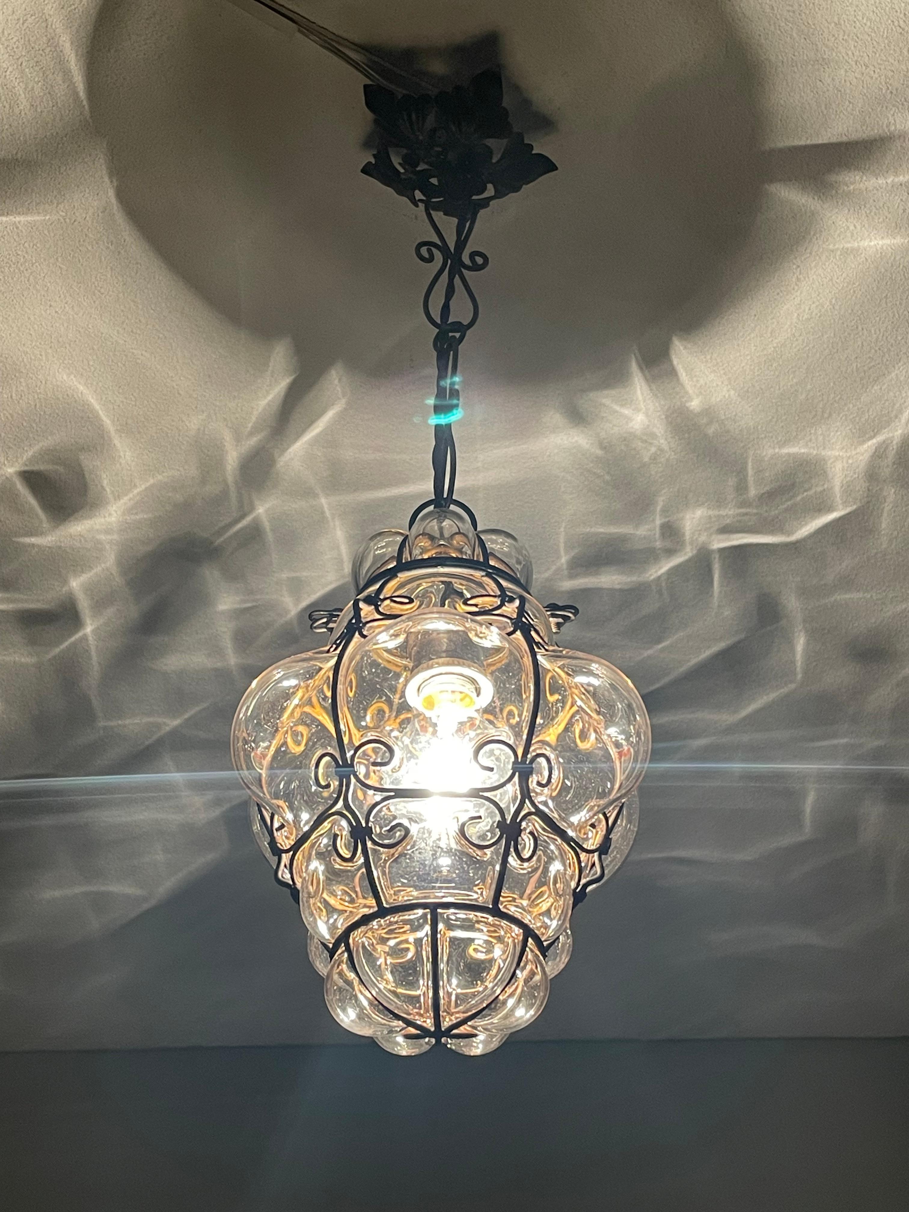 Small Antique Venetian Murano Hall Pendant Mouth Blown Glass into Iron Frame 5
