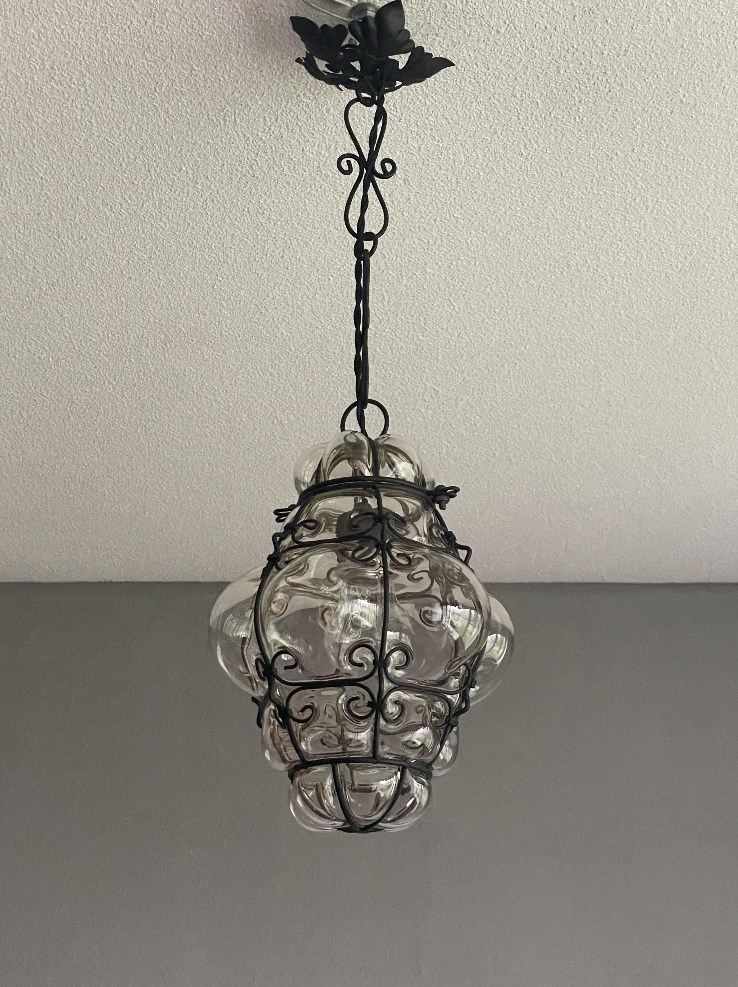 Small Antique Venetian Murano Hall Pendant Mouth Blown Glass into Iron Frame 8