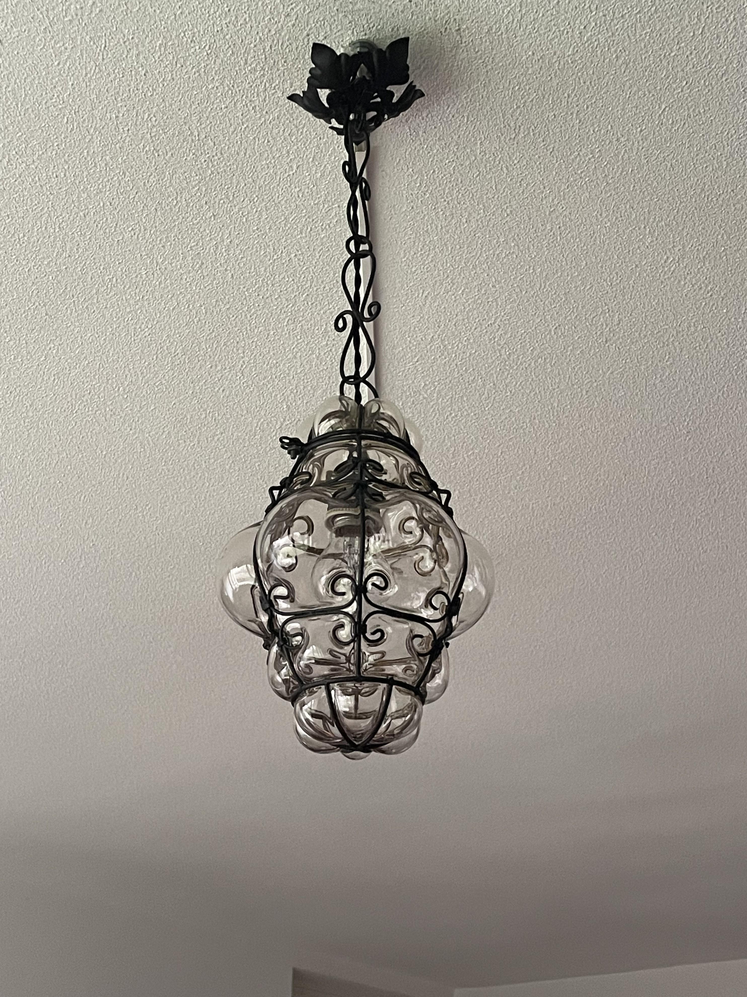 Small Antique Venetian Murano Hall Pendant Mouth Blown Glass into Iron Frame 12