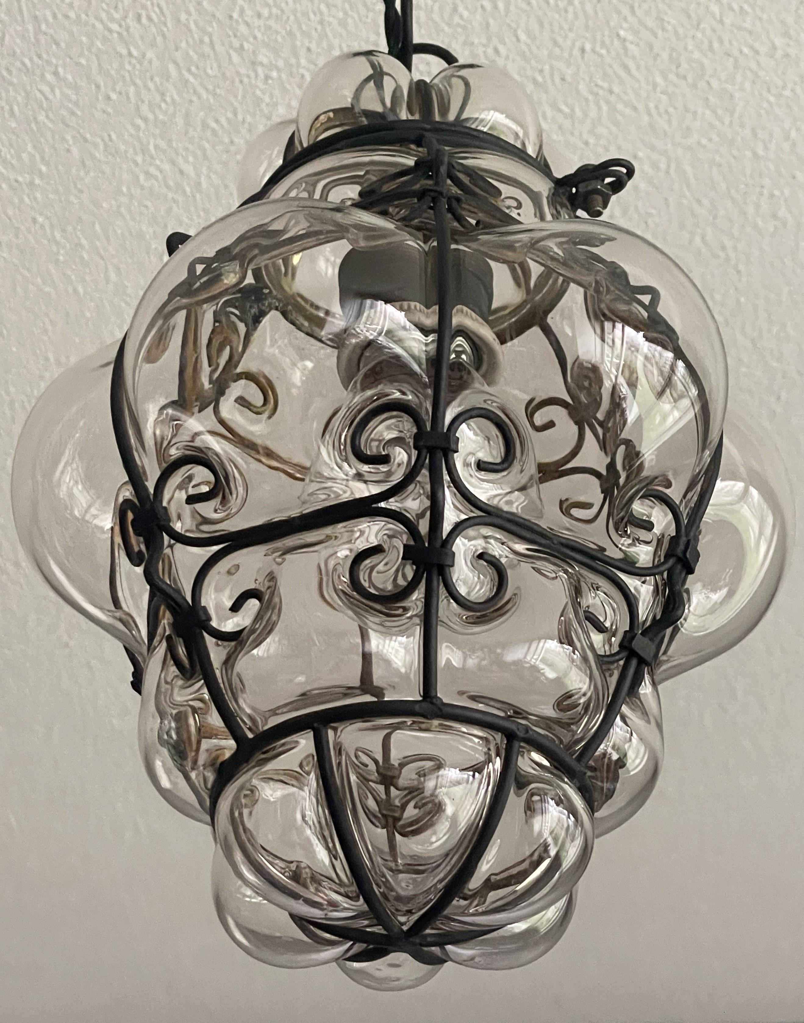Art Deco Small Antique Venetian Murano Hall Pendant Mouth Blown Glass into Iron Frame