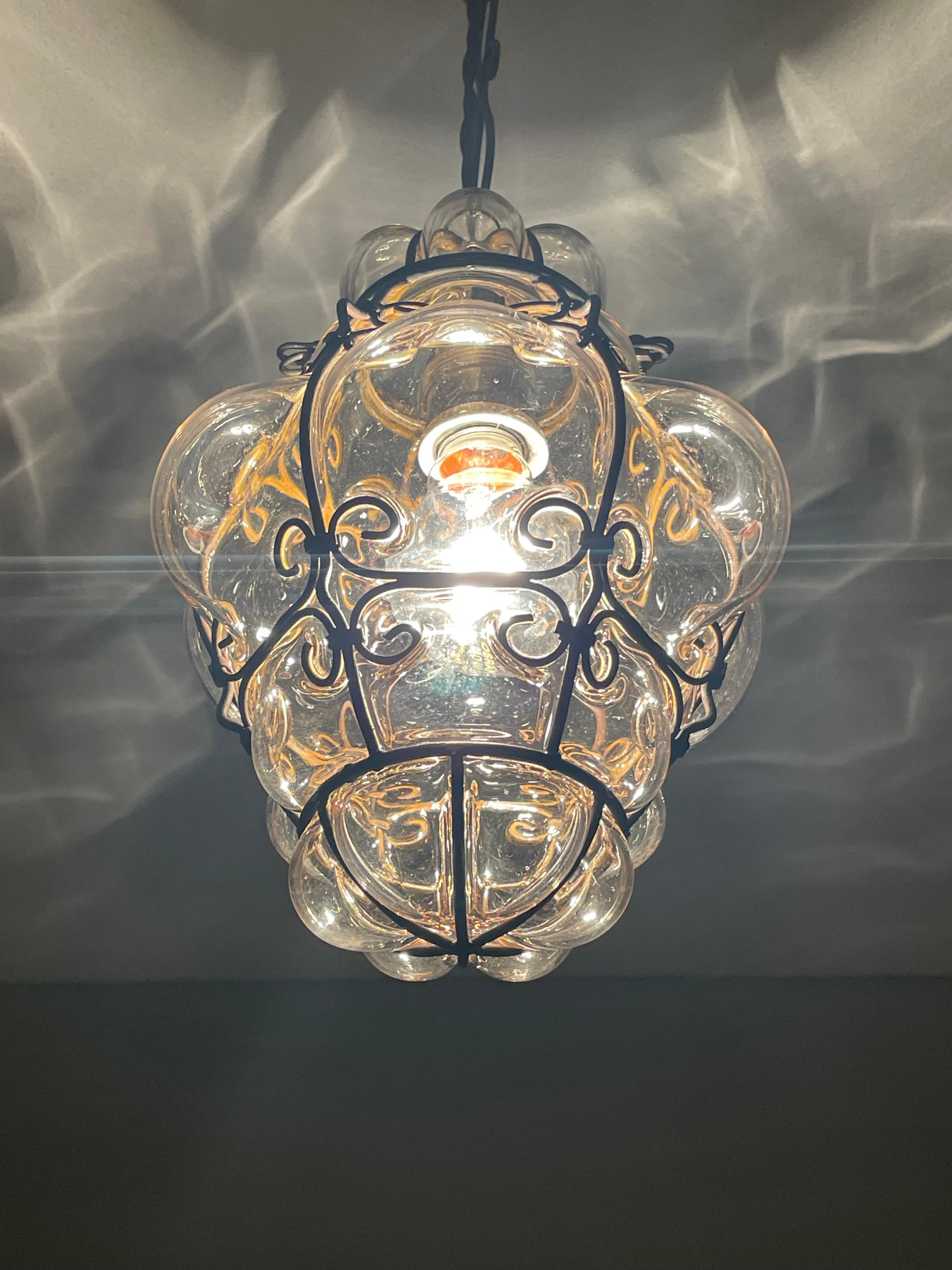 Italian Small Antique Venetian Murano Hall Pendant Mouth Blown Glass into Iron Frame
