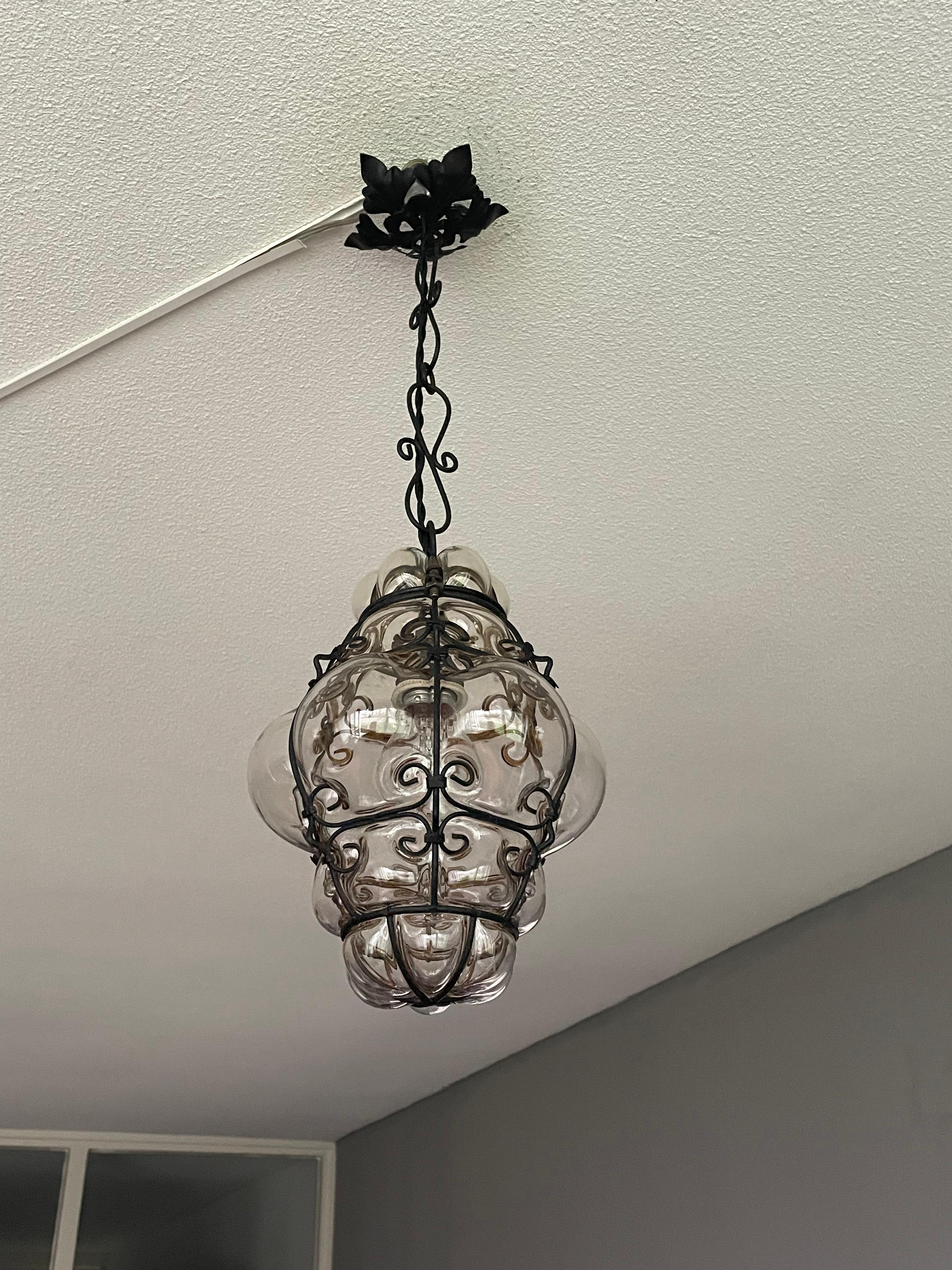 Forged Small Antique Venetian Murano Hall Pendant Mouth Blown Glass into Iron Frame