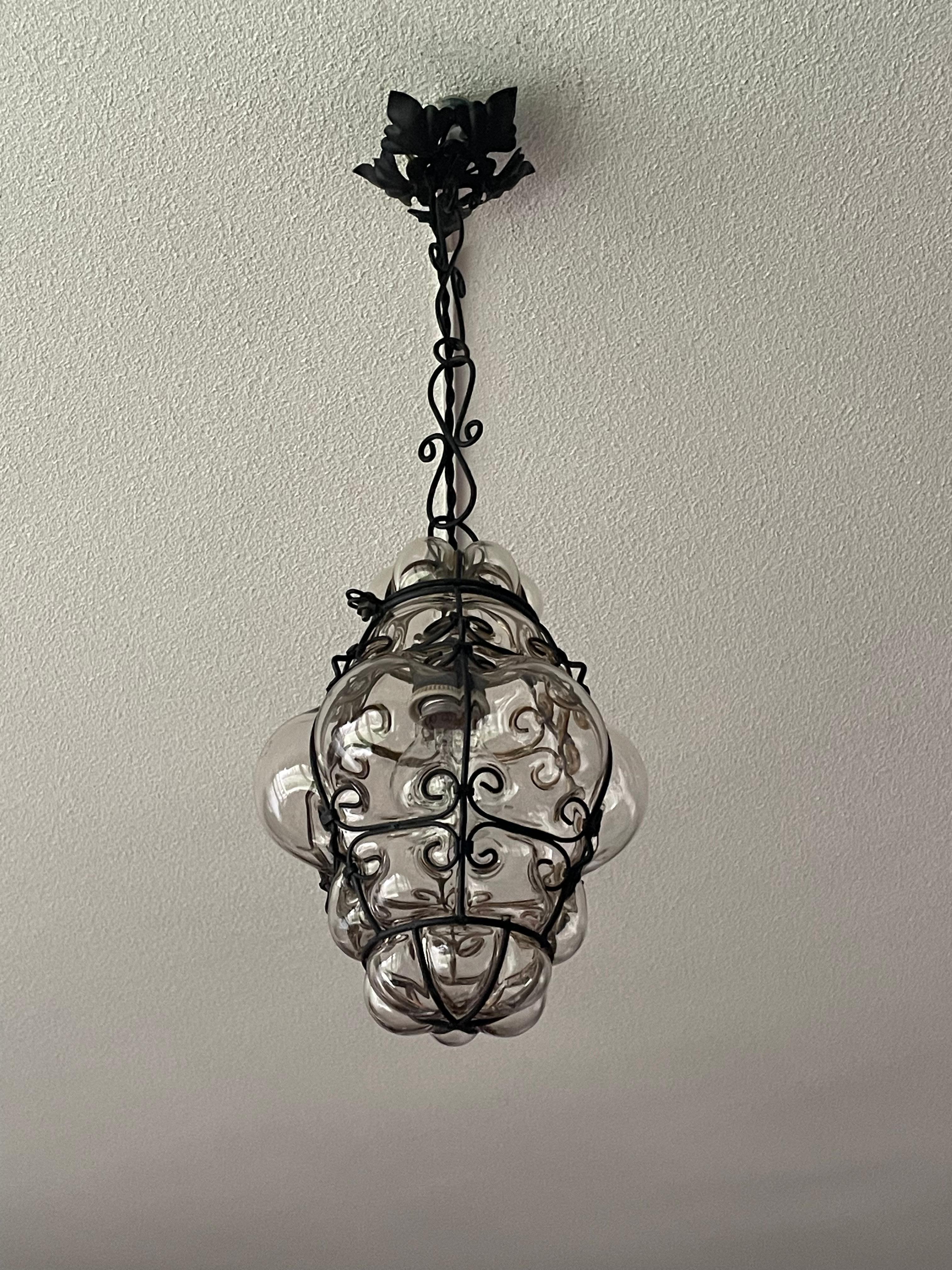 Small Antique Venetian Murano Hall Pendant Mouth Blown Glass into Iron Frame 2