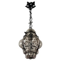 Small Antique Venetian Murano Hall Pendant Mouth Blown Glass into Iron Frame