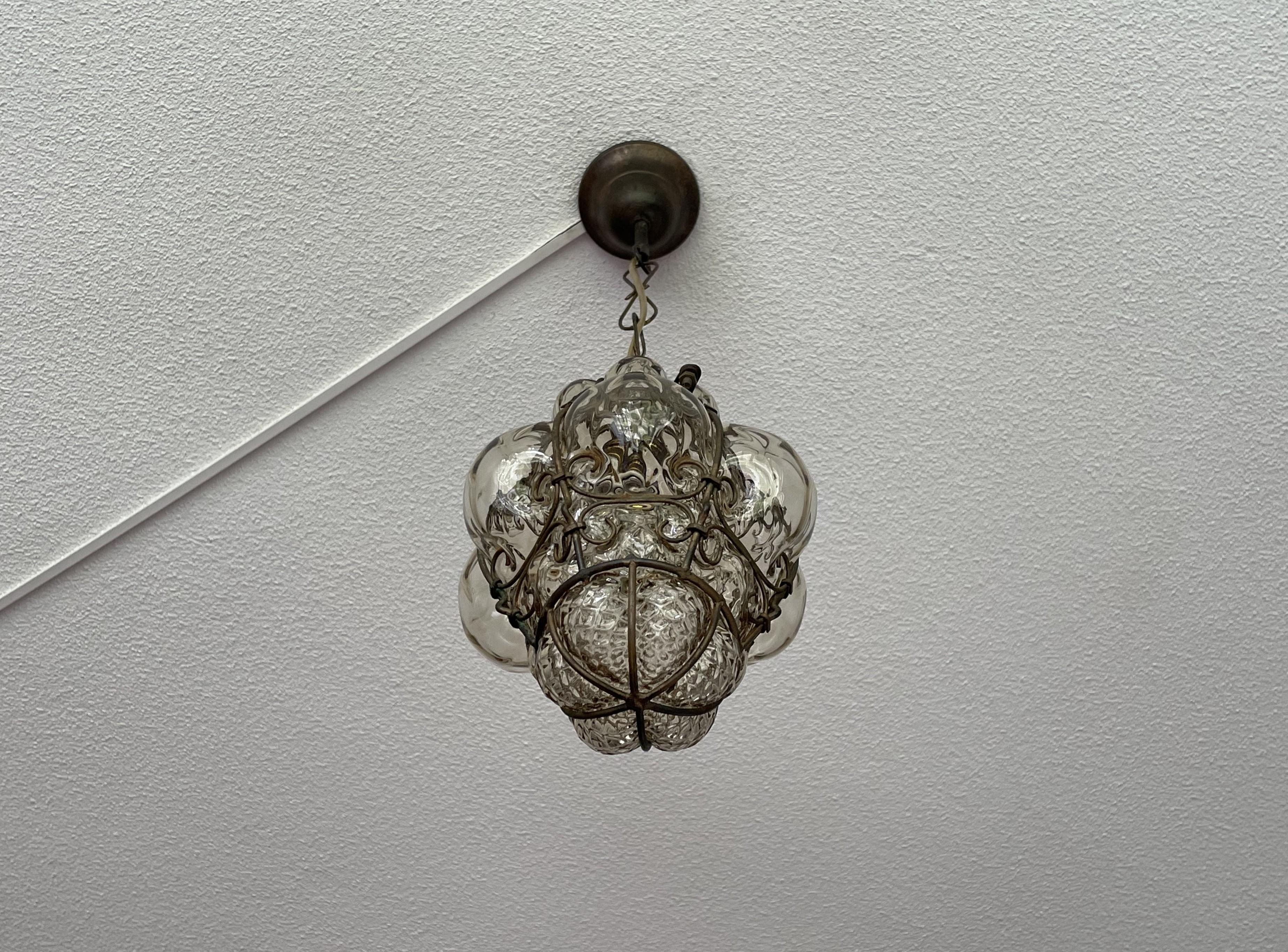 Small Antique Venetian Murano Pendant, Glass Mouth Blown into Wrought Iron Frame For Sale 2