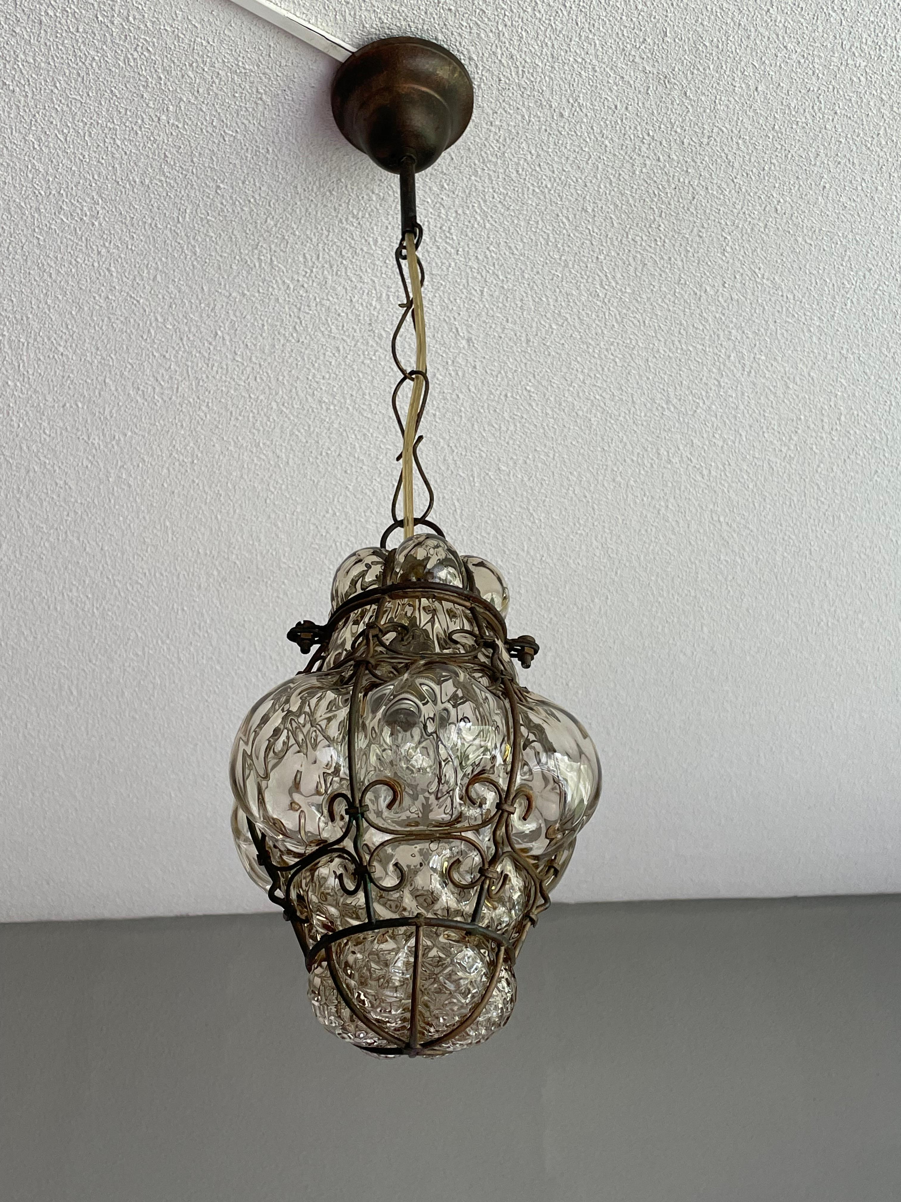 Small Antique Venetian Murano Pendant, Glass Mouth Blown into Wrought Iron Frame In Excellent Condition For Sale In Lisse, NL