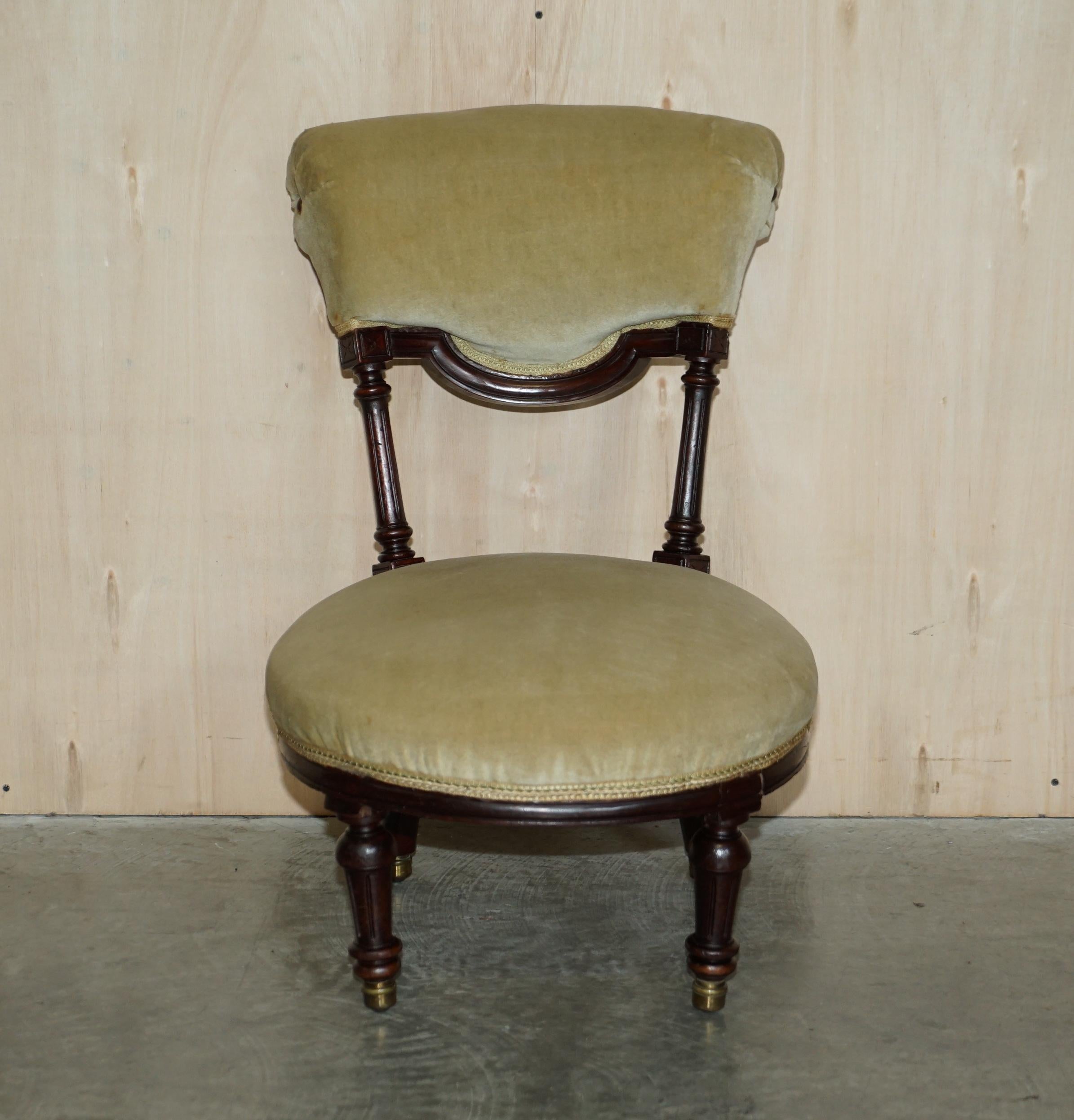 We are delighted to offer for sale this very nice Victorian circa 1860 mahogany framed nursing chair with velour upholstery.

A nicely made genuine Victorian antique, it is as mentioned a nursing chair which were specially designed to be low to