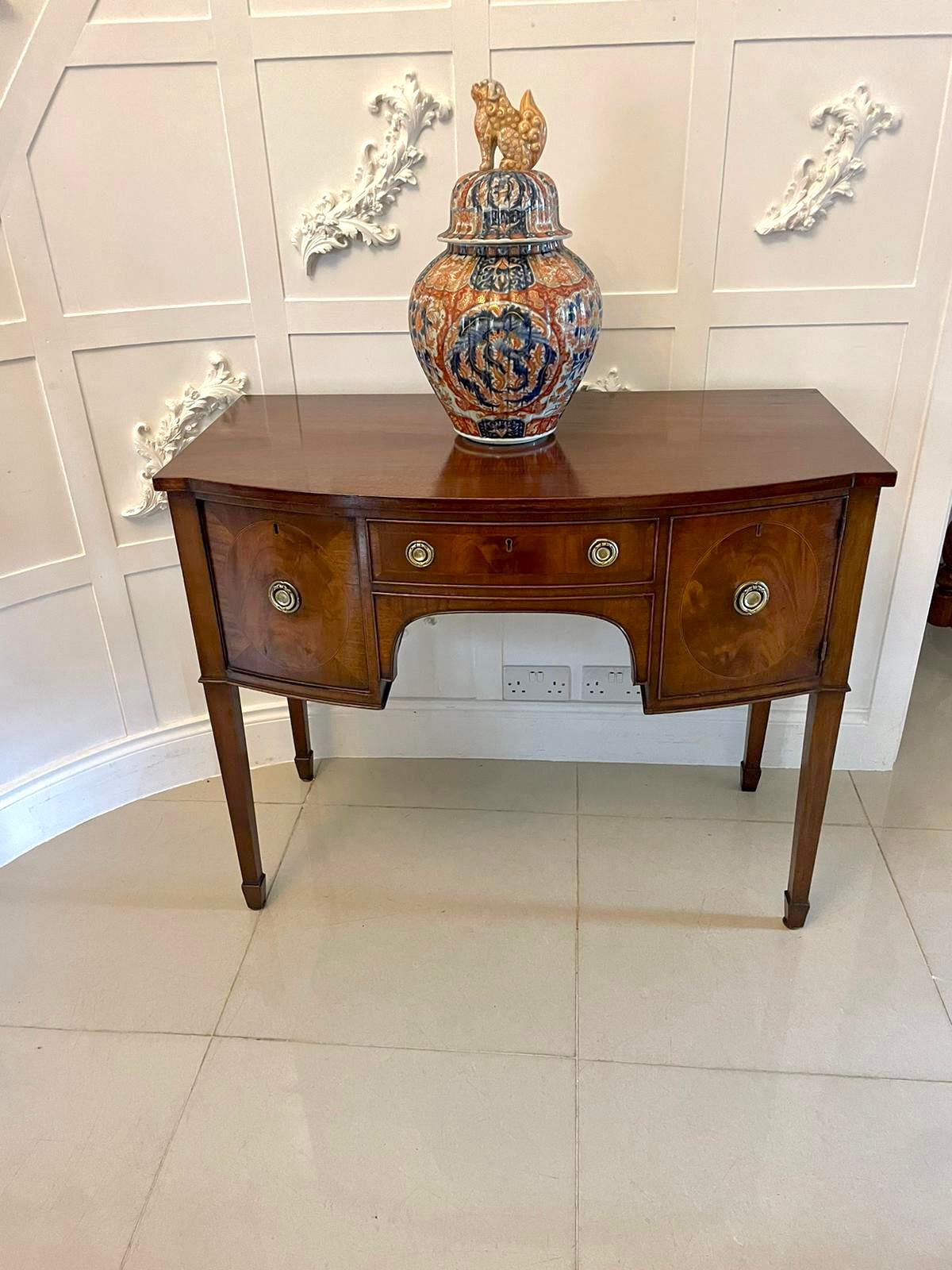 Small antique Victorian quality mahogany bow fronted sideboard having a quality mahogany bow fronted top above a single bow fronted mahogany crossbanded oak lined drawer with original brass handles flanked by a large drawer and a cupboard door with